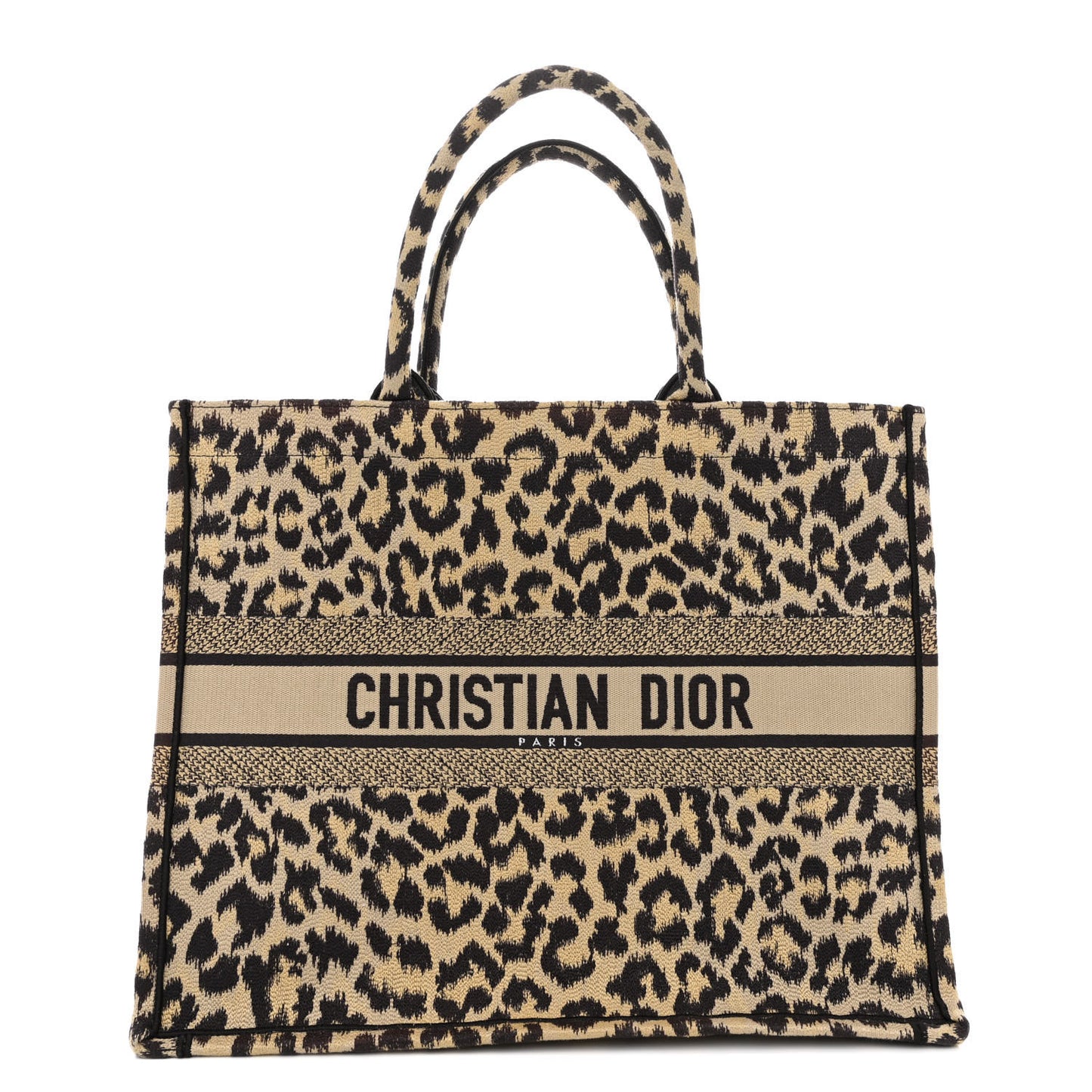 Canvas Mizza Embroidered Large Leopard Book Tote Beige