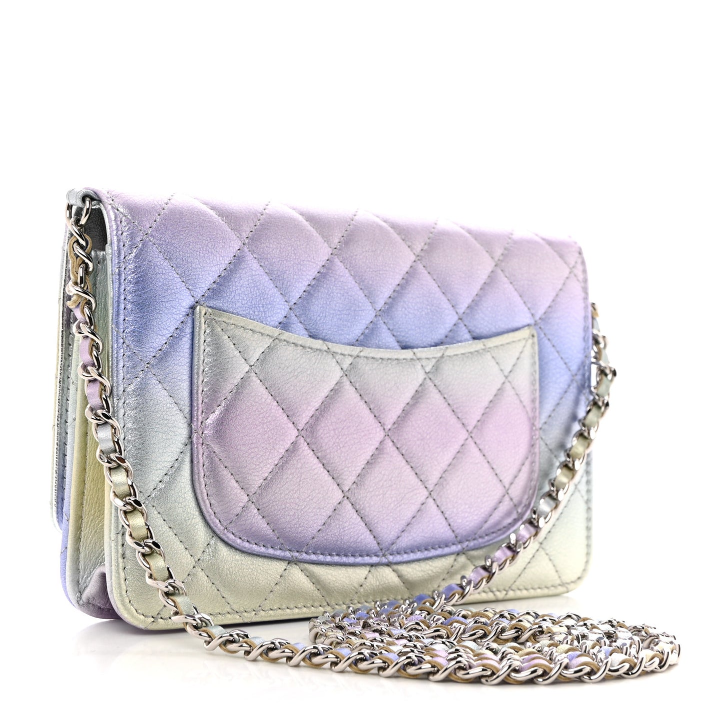 Gradient Metallic Calfskin Quilted Wallet On Chain WOC Silver Blue Yellow Purple