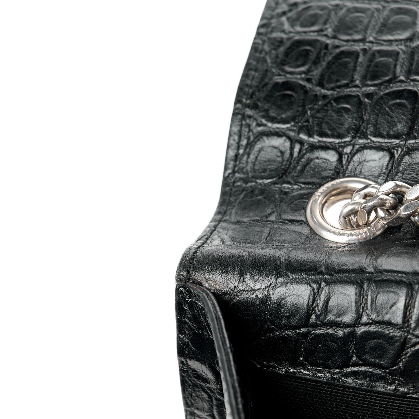 Calfskin Crocodile Embossed Large Classic Monogram Kate Satchel Black