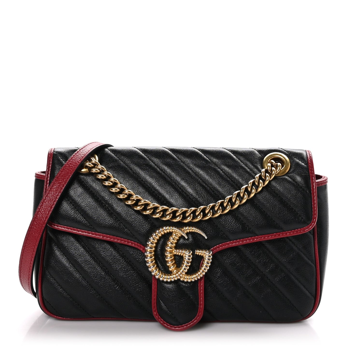 Vintage Effect Calfskin Matelasse Diagonal Small Torchon GG Marmont Shoulder Bag Black Romantic Cherry
