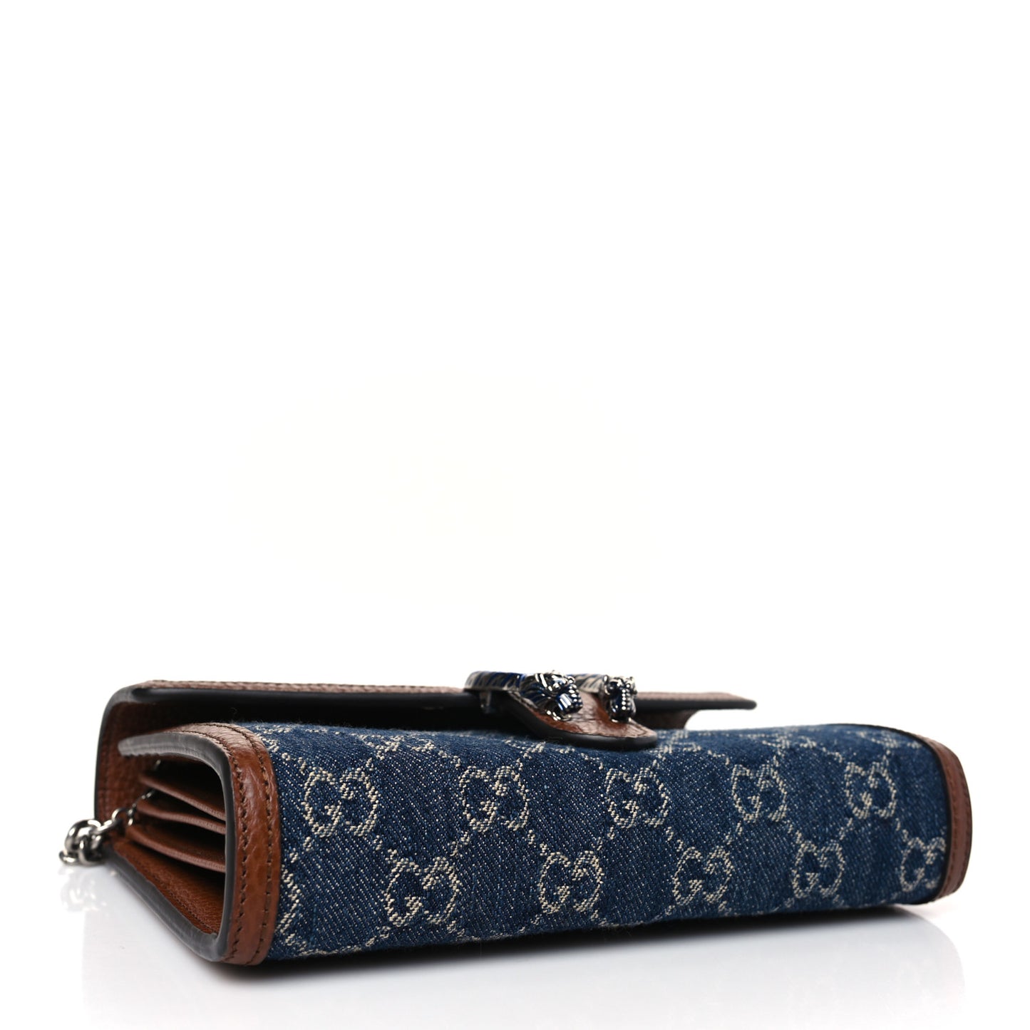 New Denim GG Monogram Dollar Calfskin Enamel Mini Dionysus Chain Wallet Blue Tea Cuir Epilog Electric Blue