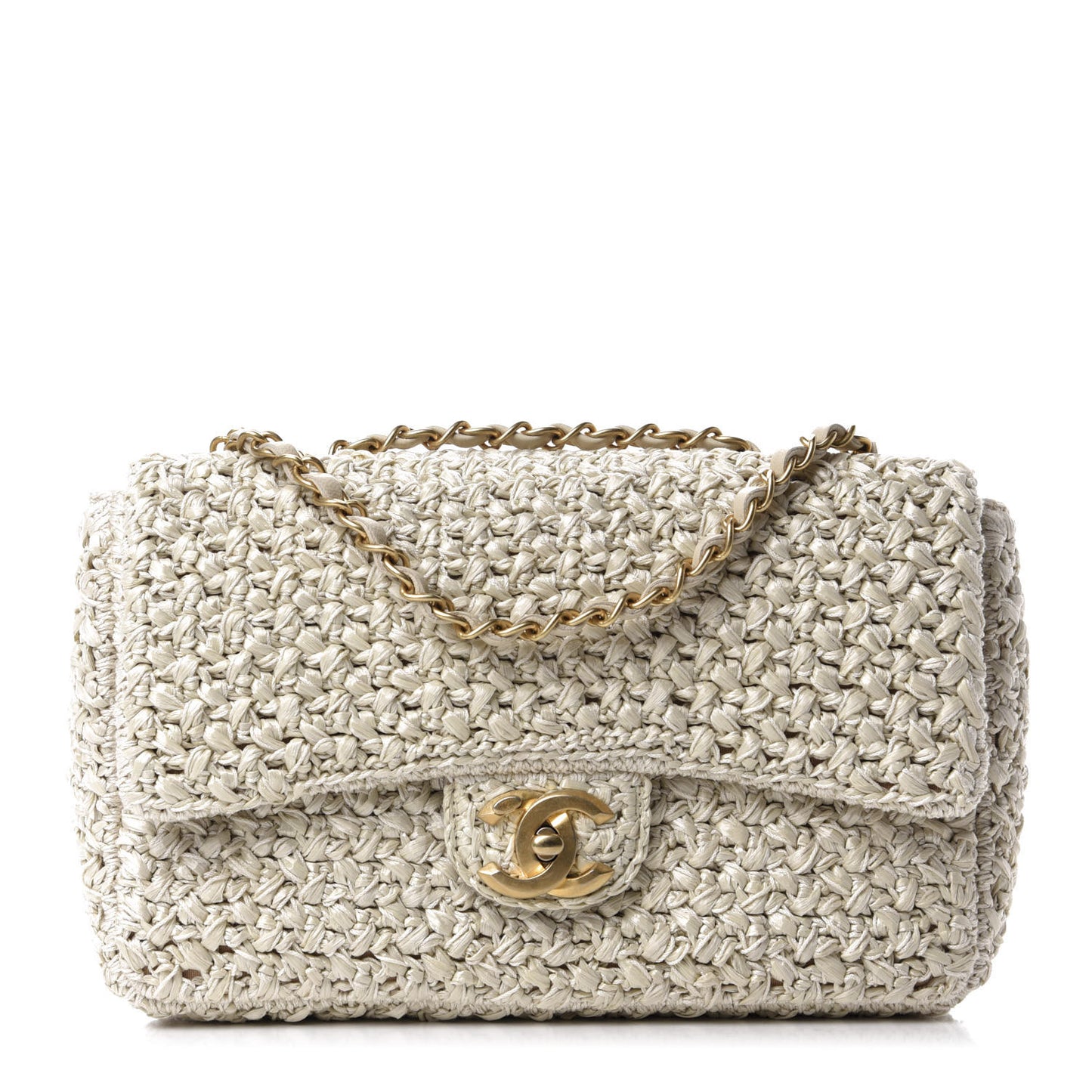 Raffia Crochet Medium Flap Bag Beige