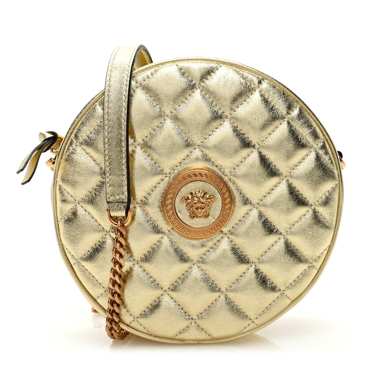 Metallic Nappa Quilted La Medusa Round Camera Bag Gold