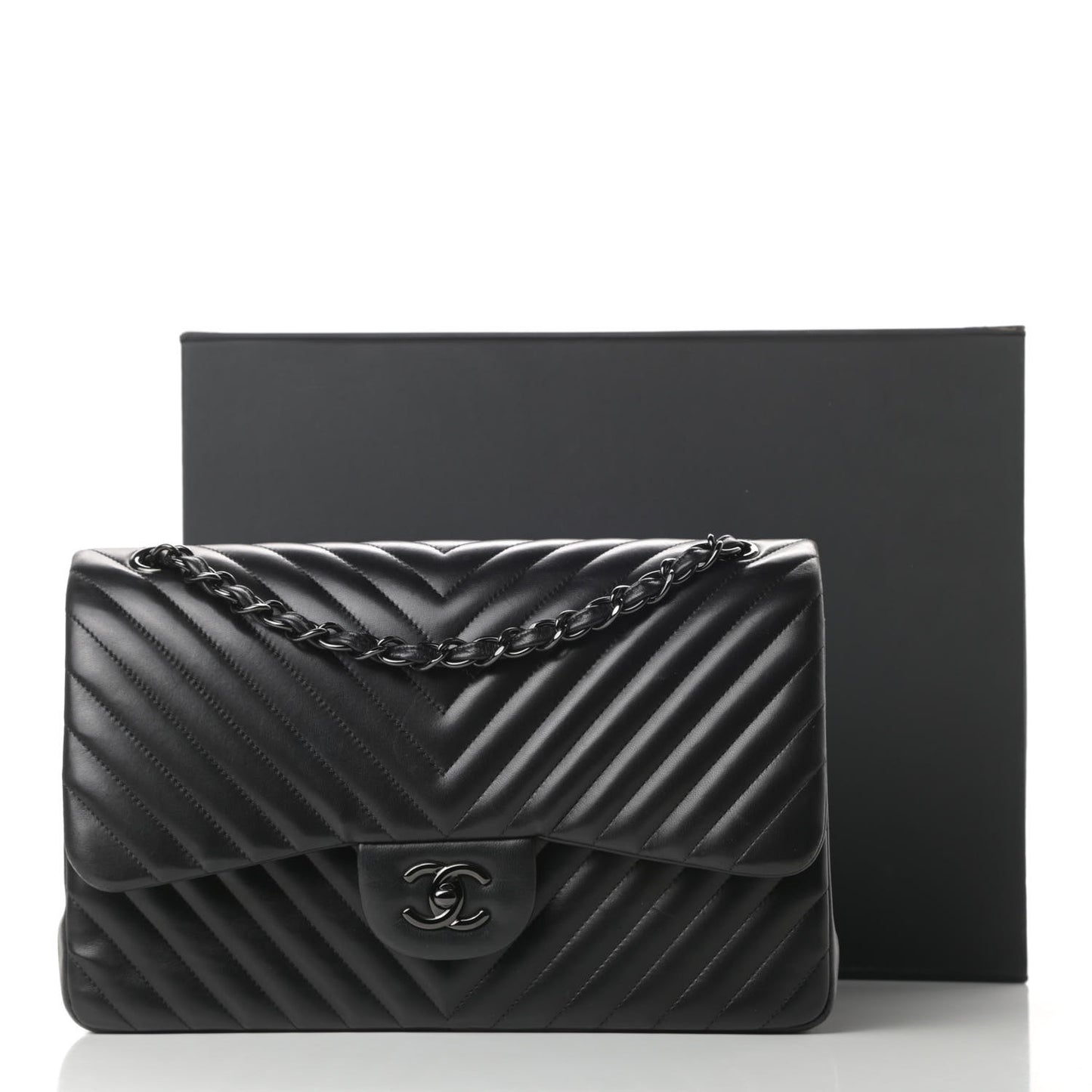 Lambskin Chevron Quilted Jumbo Double Flap So Black