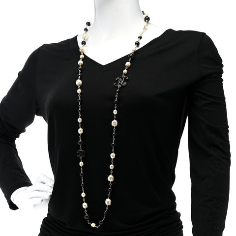 Pearl Beaded Crystal CC Long Necklace Gold Black White