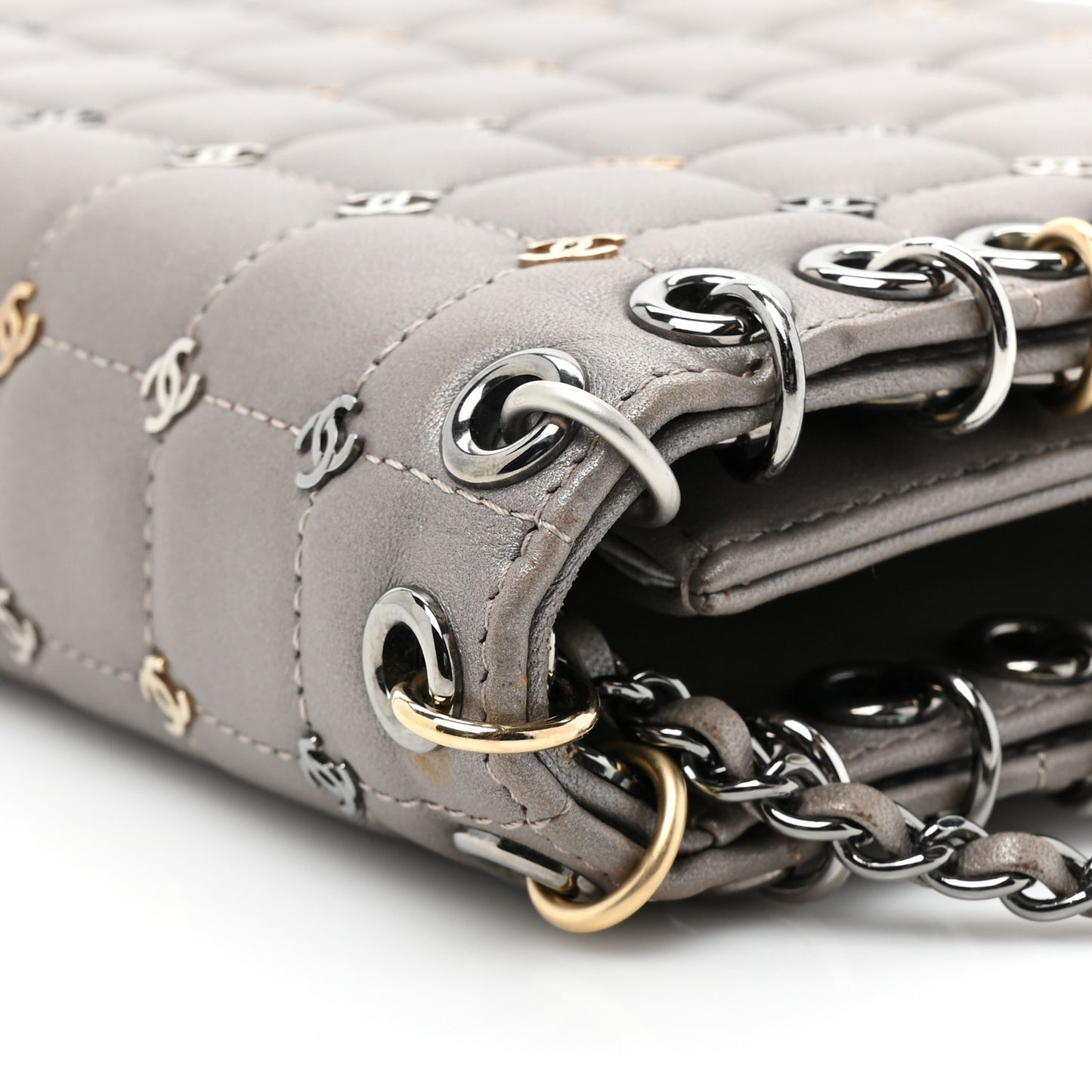 Lambskin Chocolate Bar Piercing CC Studded Small Chain Flap Bag Grey