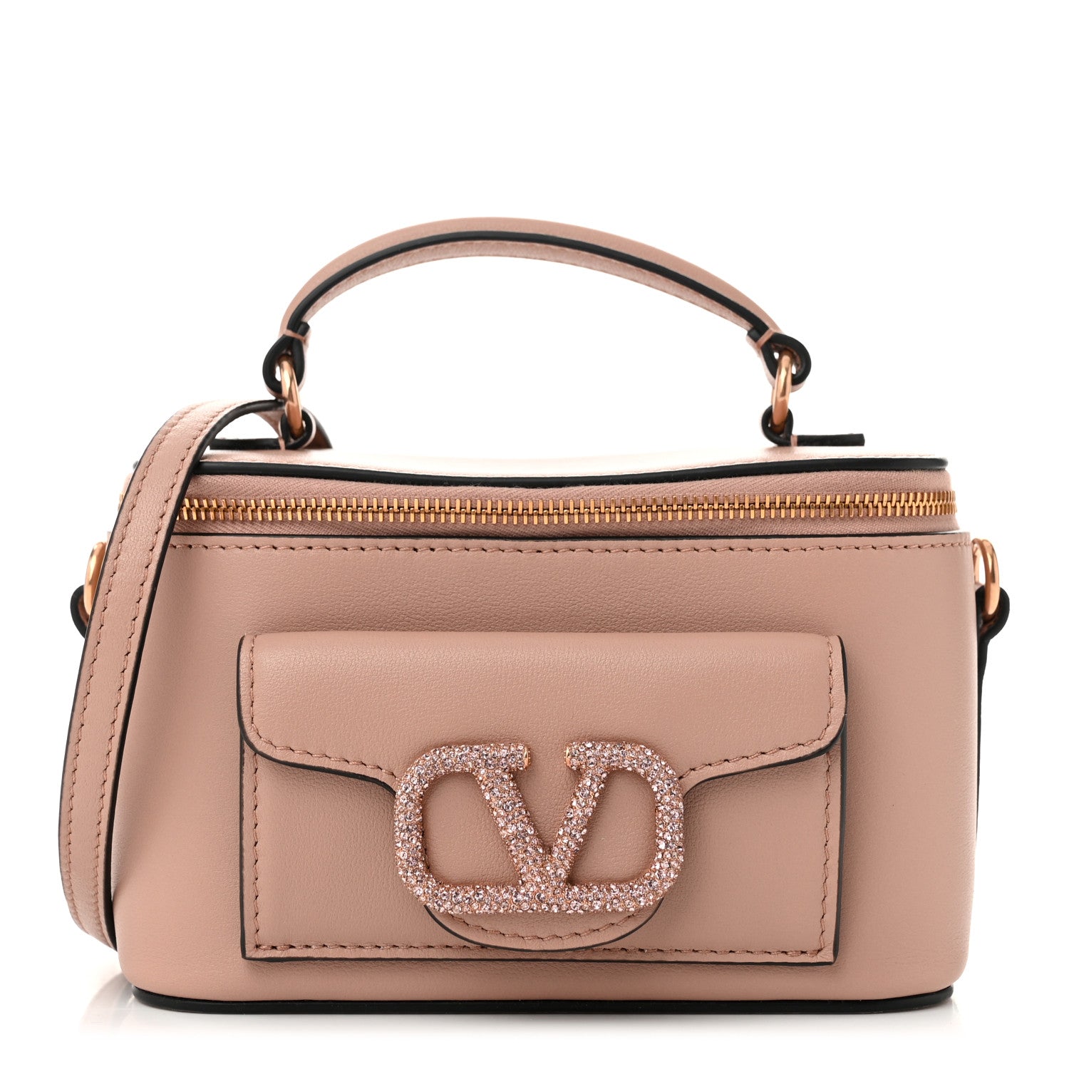 Valentino ロゴ付きハンドバッグ ピンク/ベージュ Valentino Garavani Calfskin Crystal Mini Vlogo Loco Vanity Rose