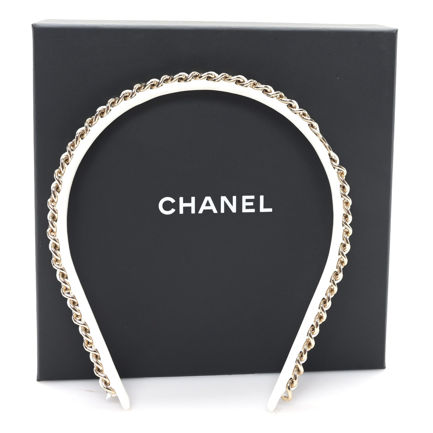 Metal Lambskin CC Chain Headband Gold White