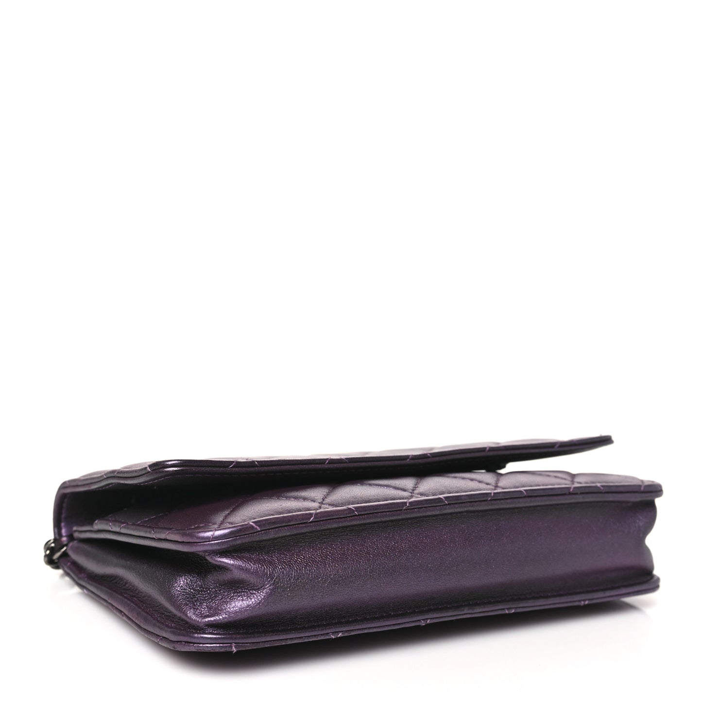 Iridescent Lambskin Quilted Wallet On Chain WOC Dark Purple