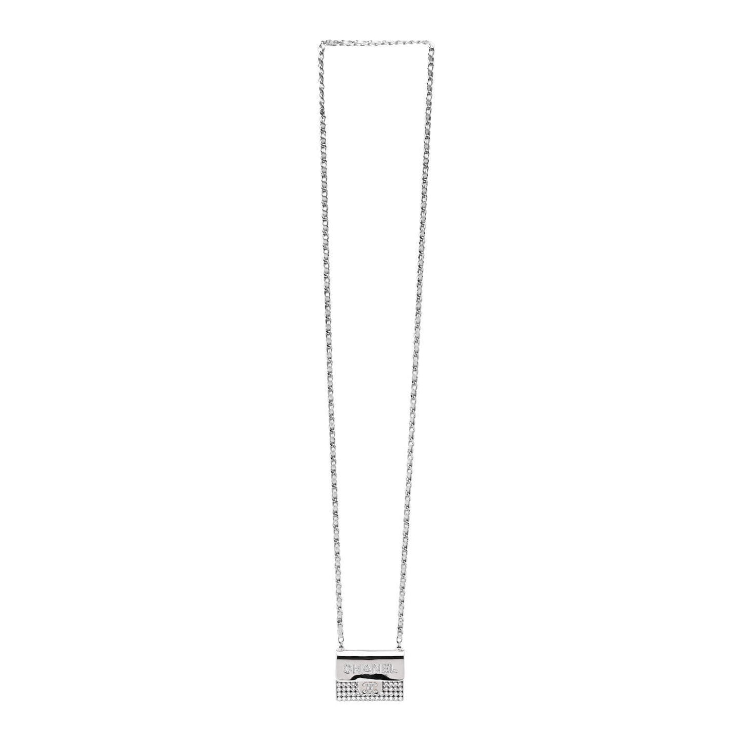 Metal Lambskin Strass Crystal Purse CC Long Necklace Silver