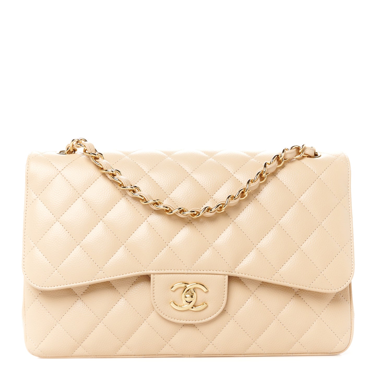 Caviar Quilted Jumbo Double Flap Beige