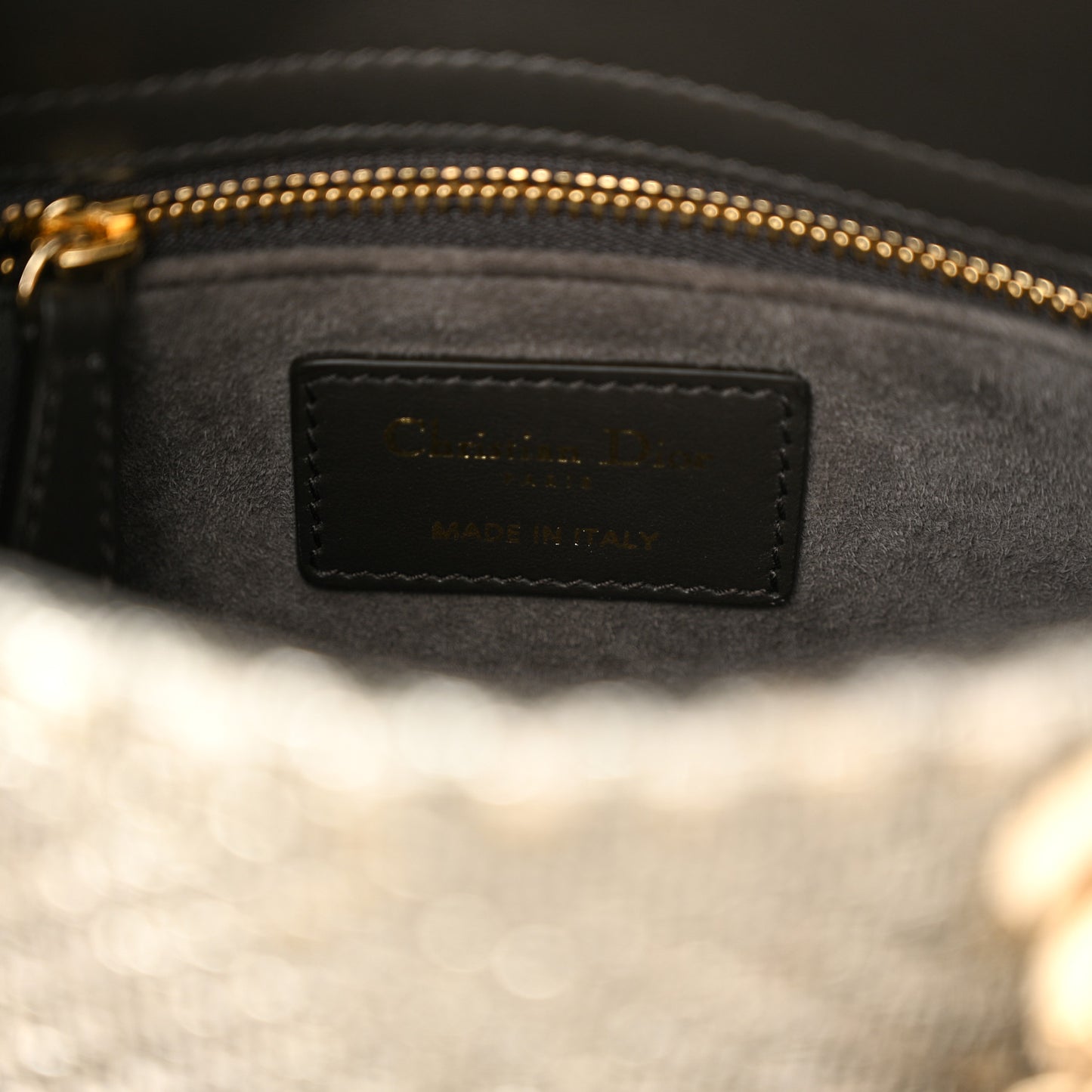 Calfskin Beaded Checkered Mini Lady Dior Grey White