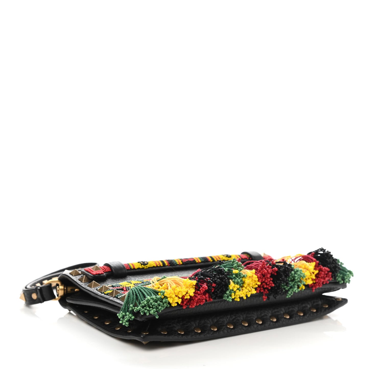Pebbled Calfskin Beaded Ribbons Rockstud Wristlet Clutch Black