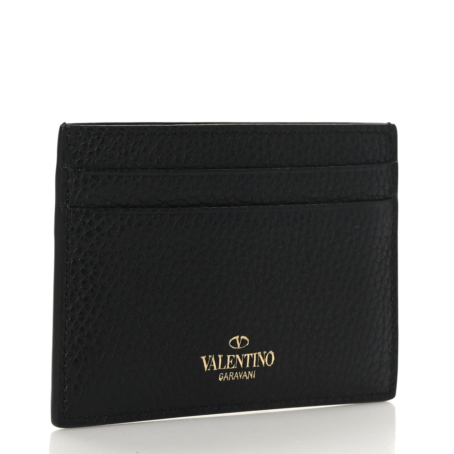 Pebbled Calfskin Rockstud Card Holder Black