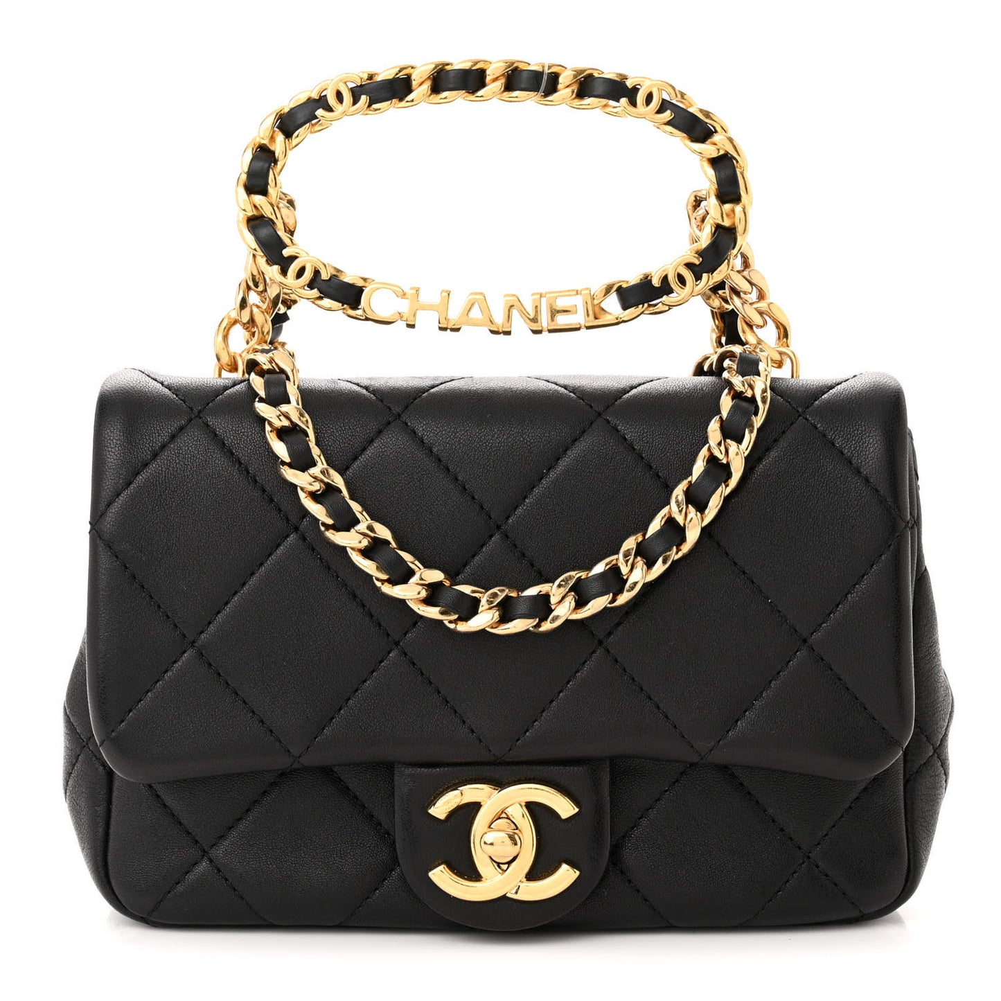 Lambskin Metal Quilted Mini Top Handle Square Flap Black