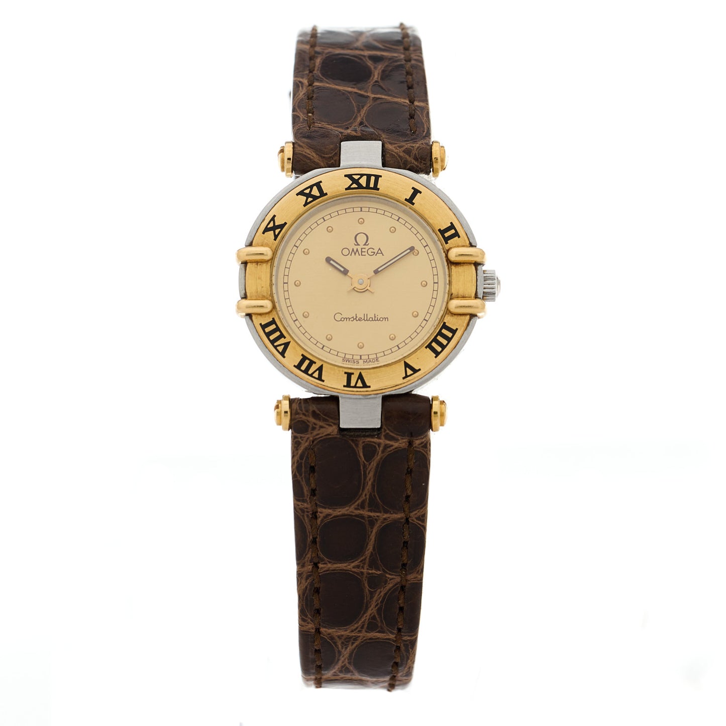 Stainless Steel 18K Yellow Gold Alligator 22mm Constellation Quartz Watch Champagne 595.1080