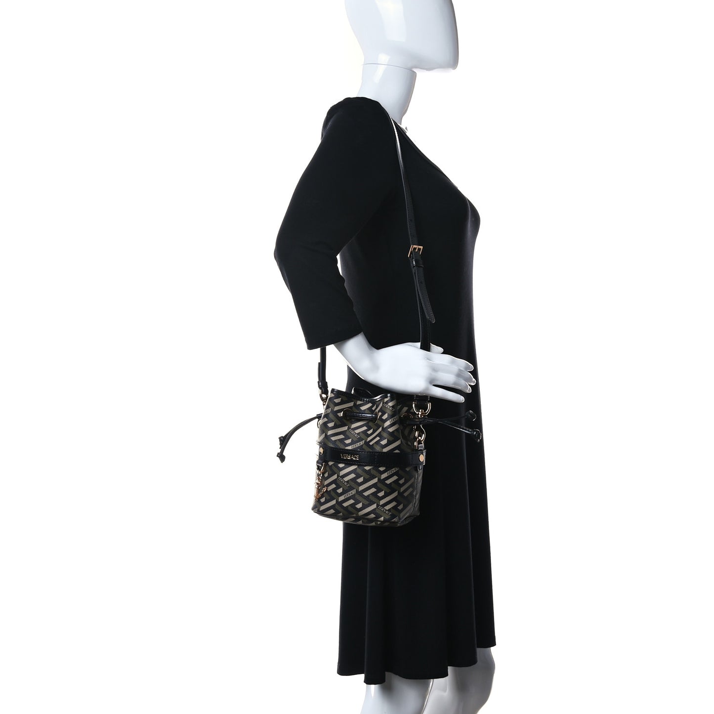 Coated Canvas La Greca Mini Bucket Bag Black Green Beige