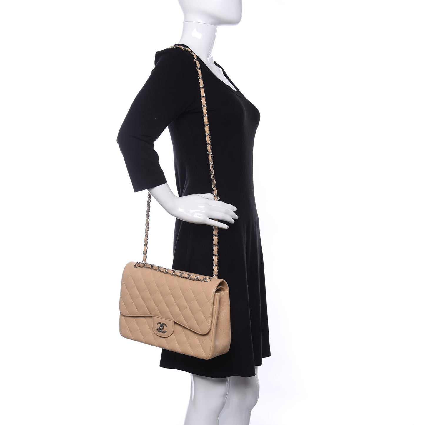 Caviar Quilted Jumbo Double Flap Beige