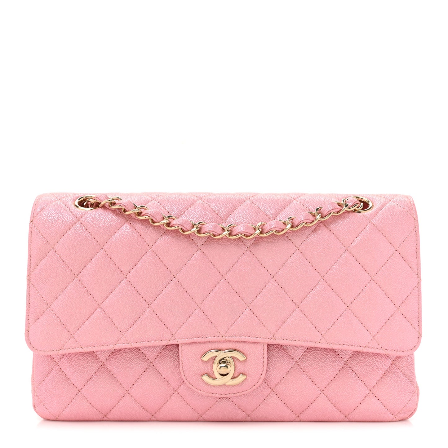 Iridescent Caviar Quilted Medium Double Flap Rose Pink