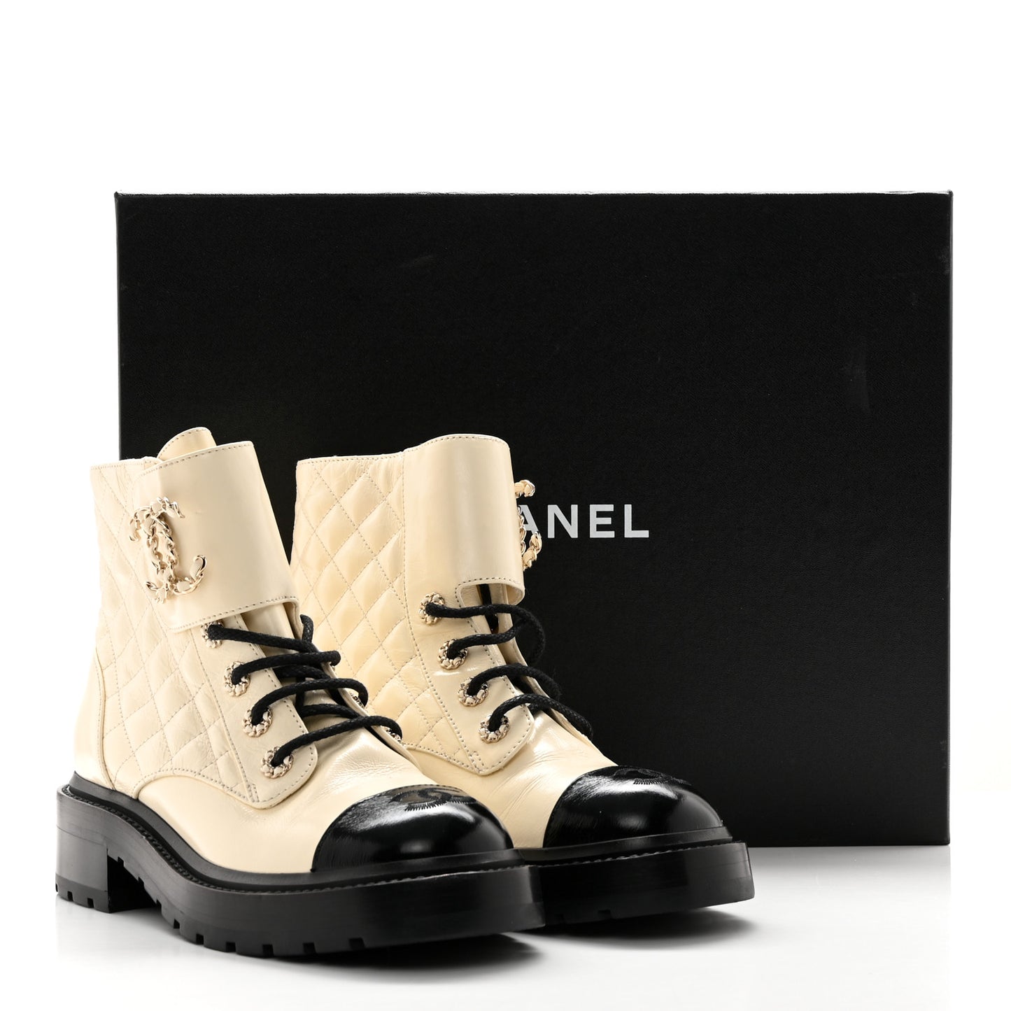 Shiny Calfskin Quilted Lace Up Combat Boots 37 Ivory Black