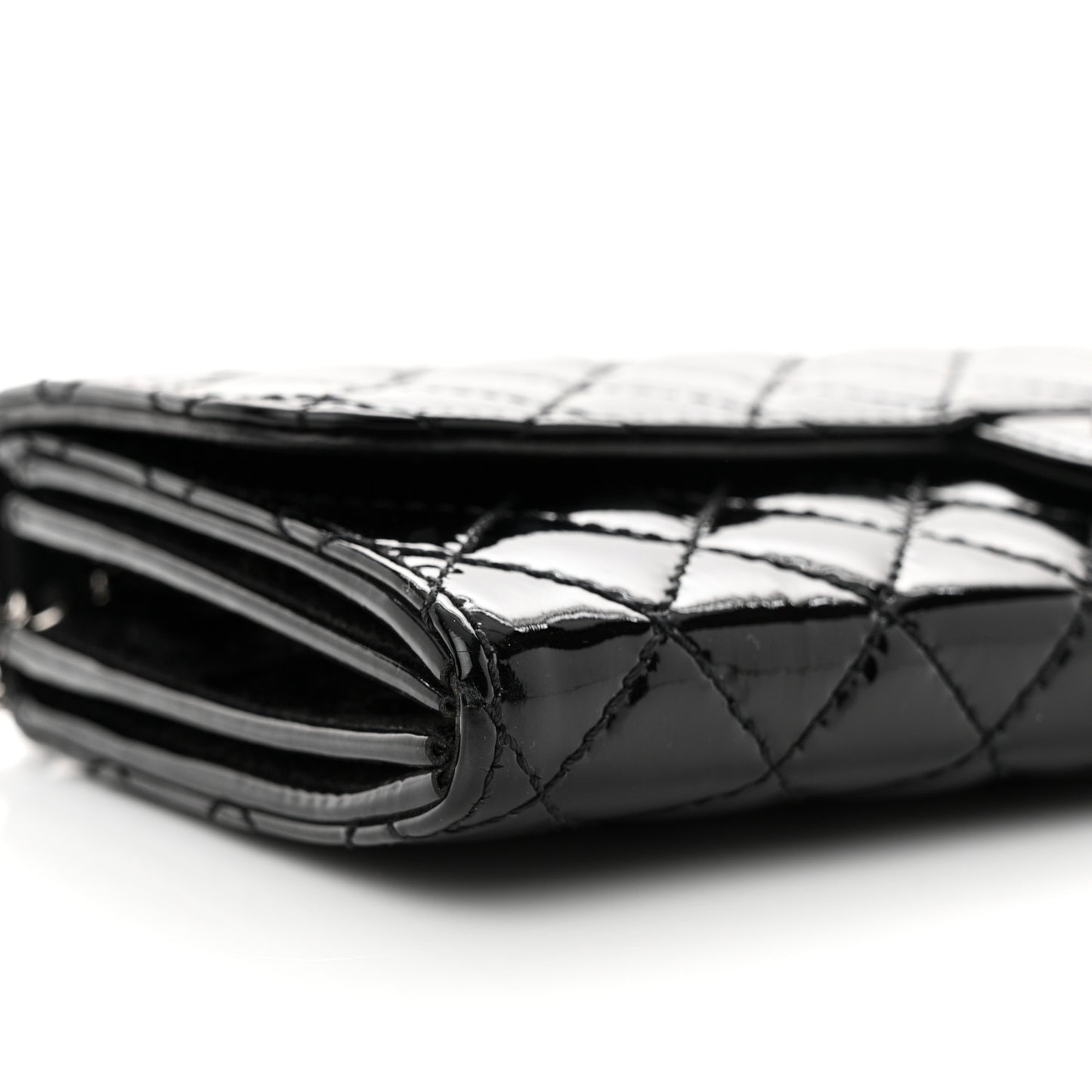 Patent Calfskin Quilted Flap Clutch With Chain Black