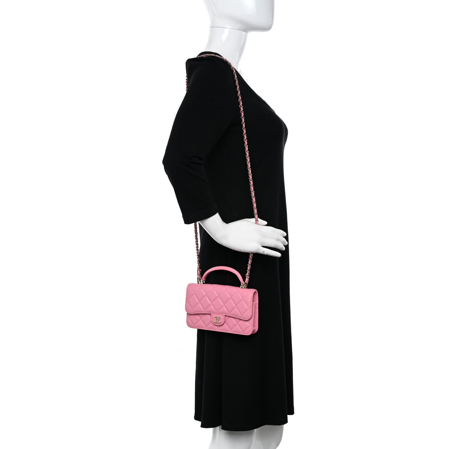 Lambskin Quilted Flap Phone Holder With Chain Pink