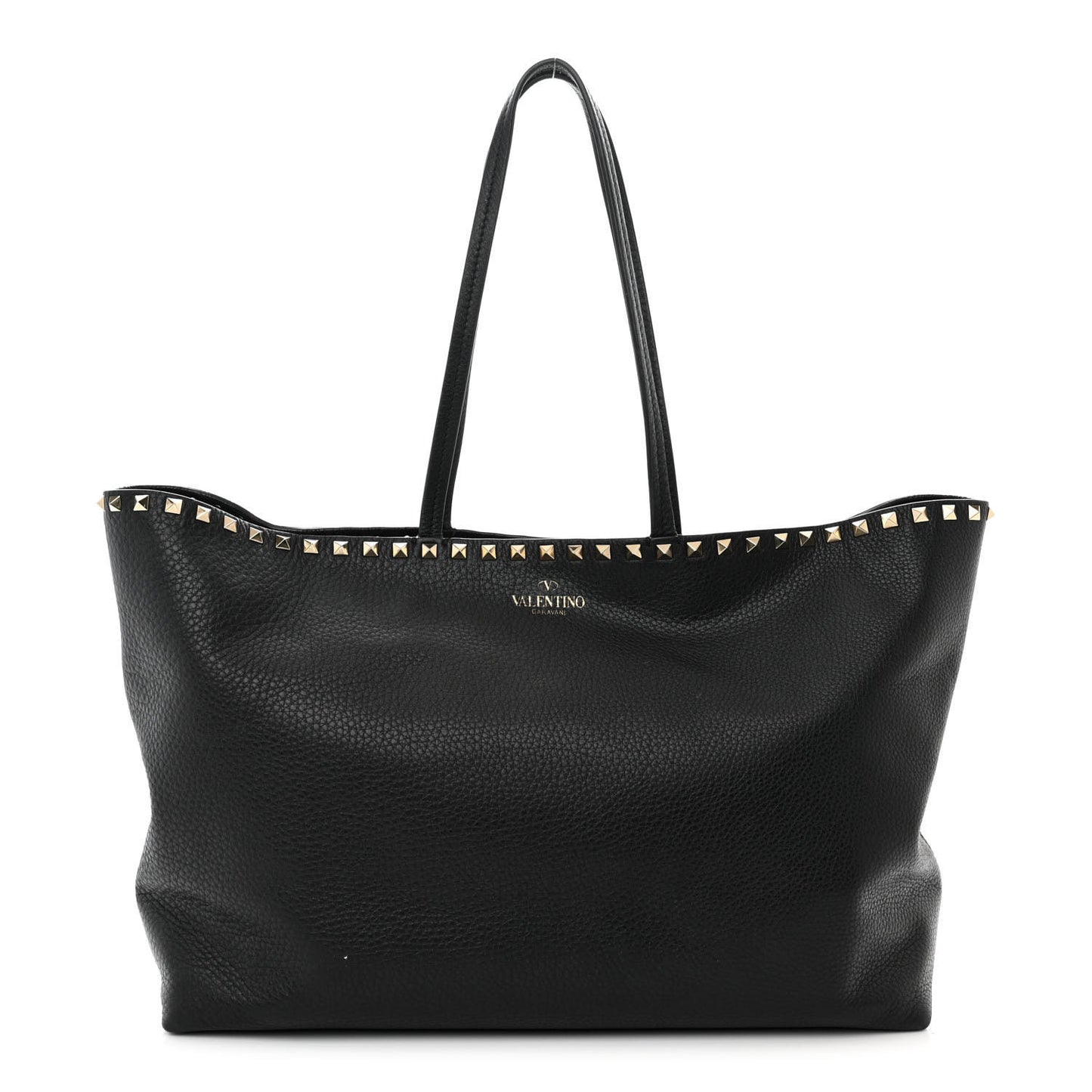 Grained Calfskin Rockstud Shoulder Tote Black
