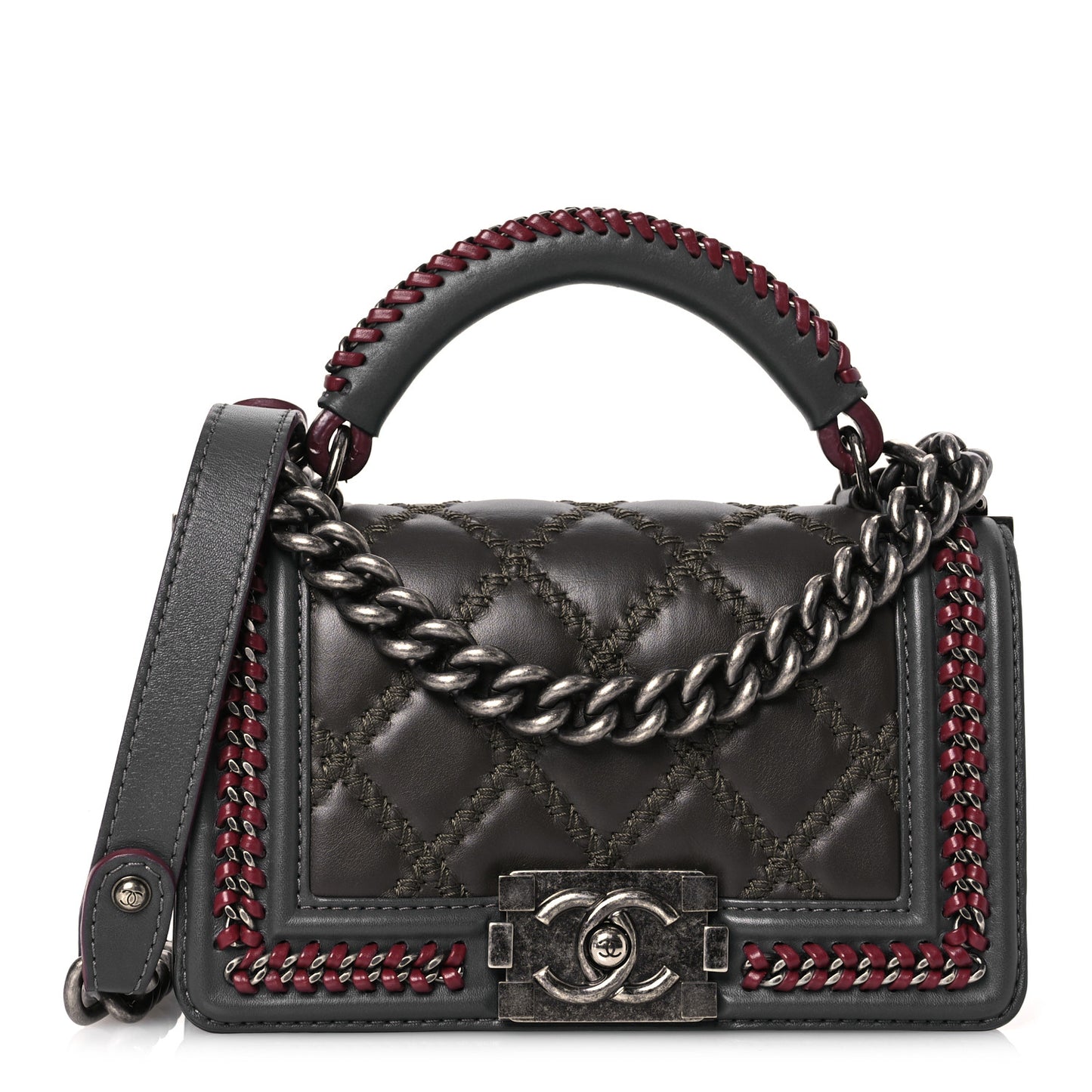 Calfskin Quilted Small Boy Top Handle Flap Grey Burgundy