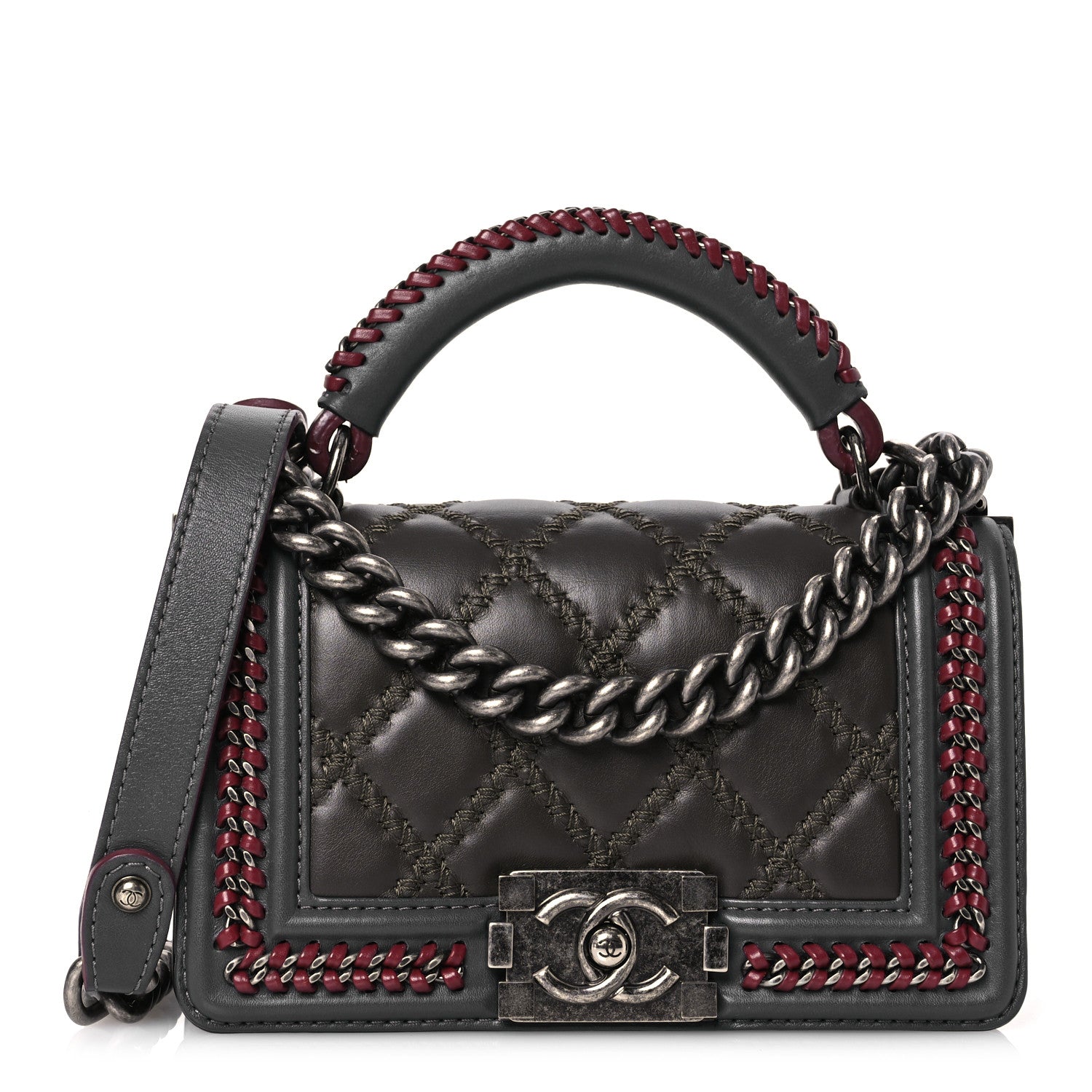 Chanel Calfskin Quilted Small Boy Top Handle Flap Grey Burgundy 1 of 13