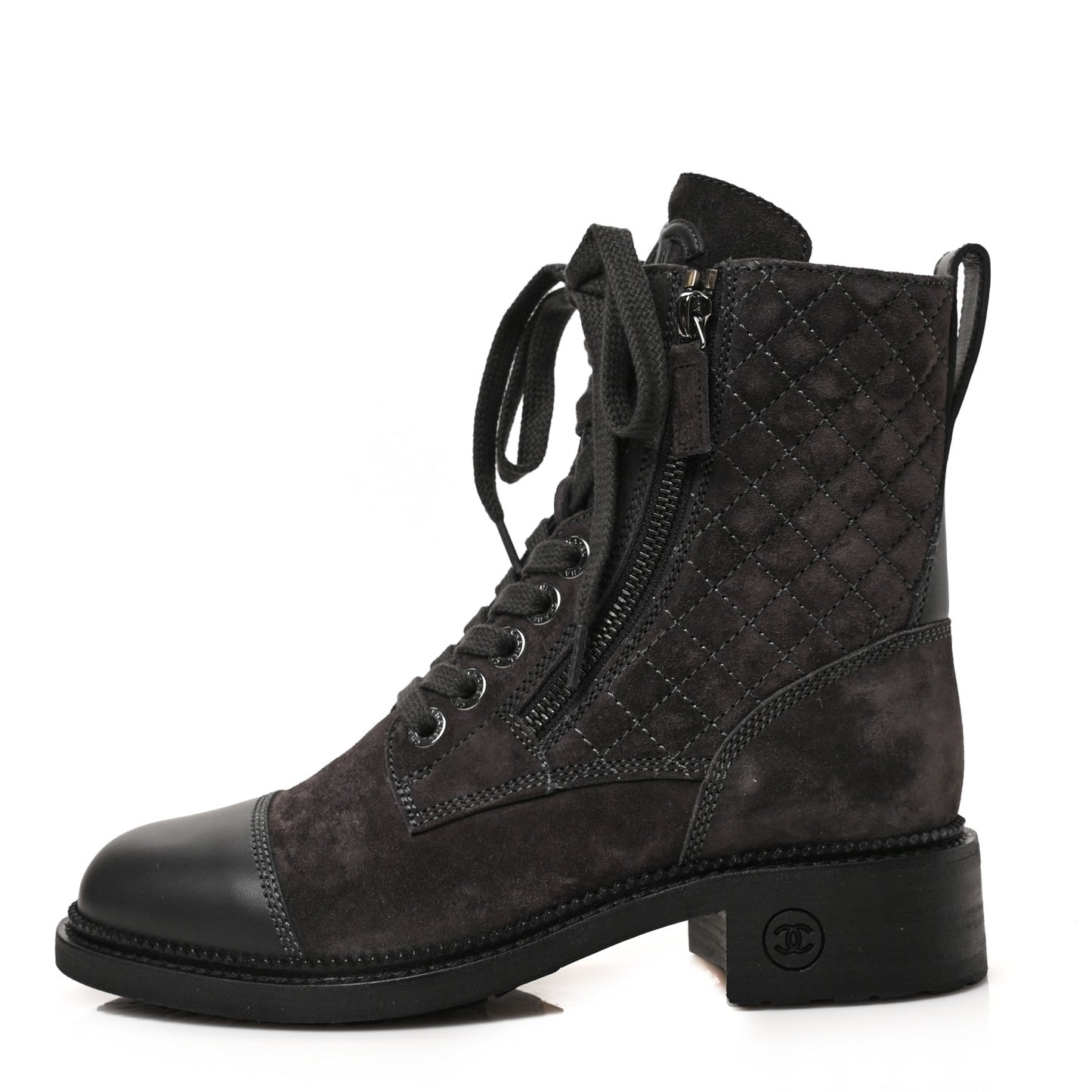 Suede Calfskin Quilted Lace Up Boots 36.5 Grey