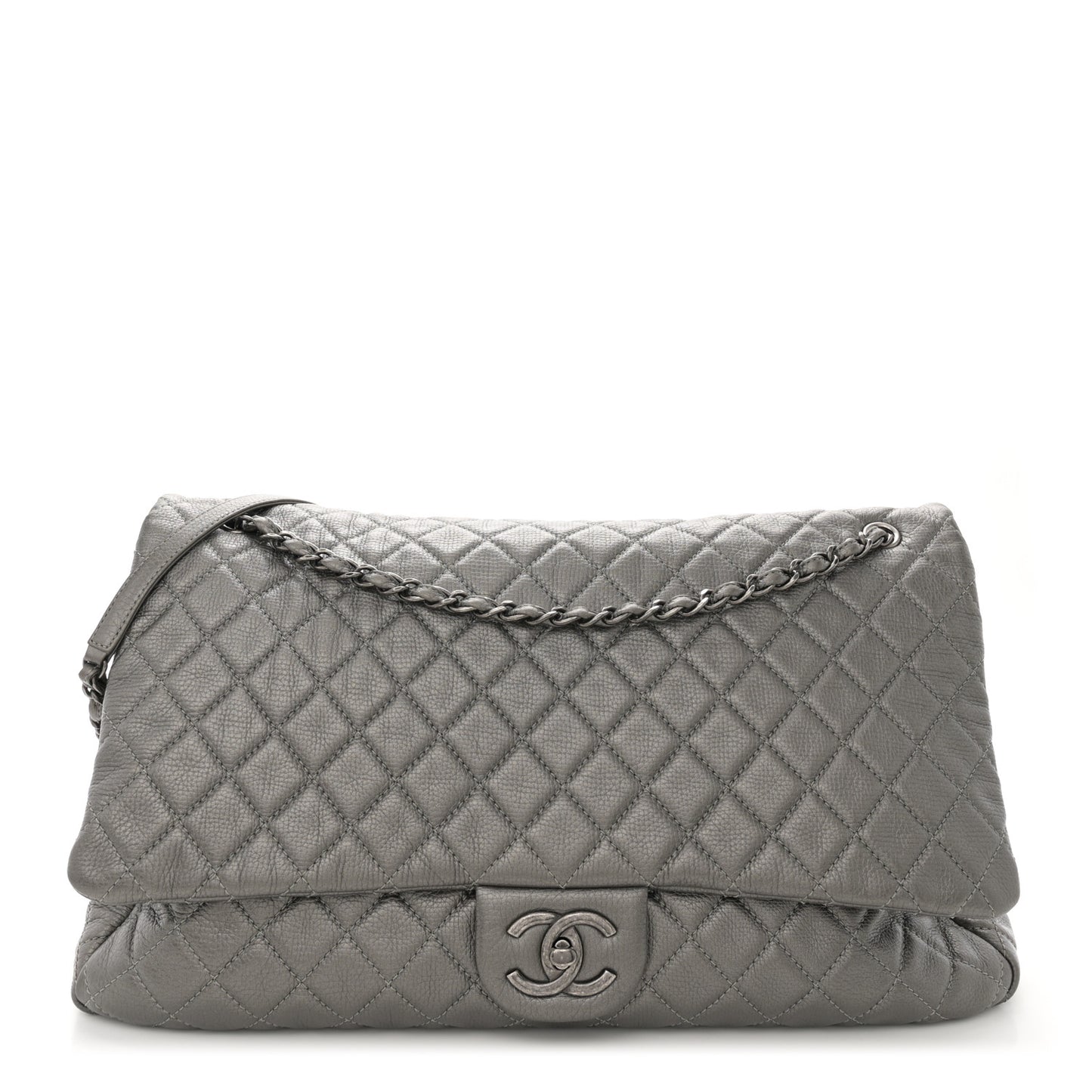 Metallic Metallized Calfskin Quilted XXL Travel Flap Bag Dark Silver
