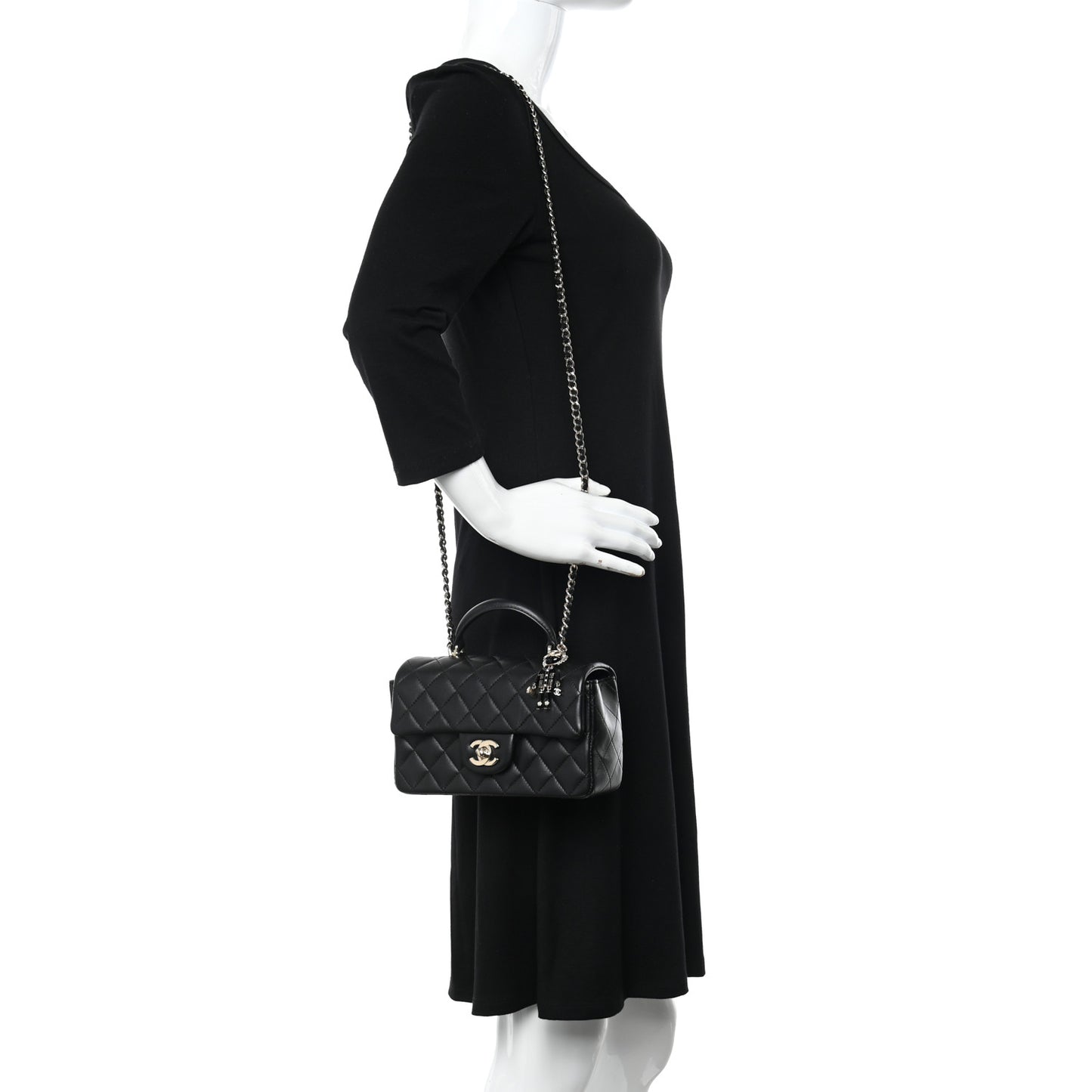 Lambskin Quilted Mini Lion Charm Top Handle Rectangular Flap Black