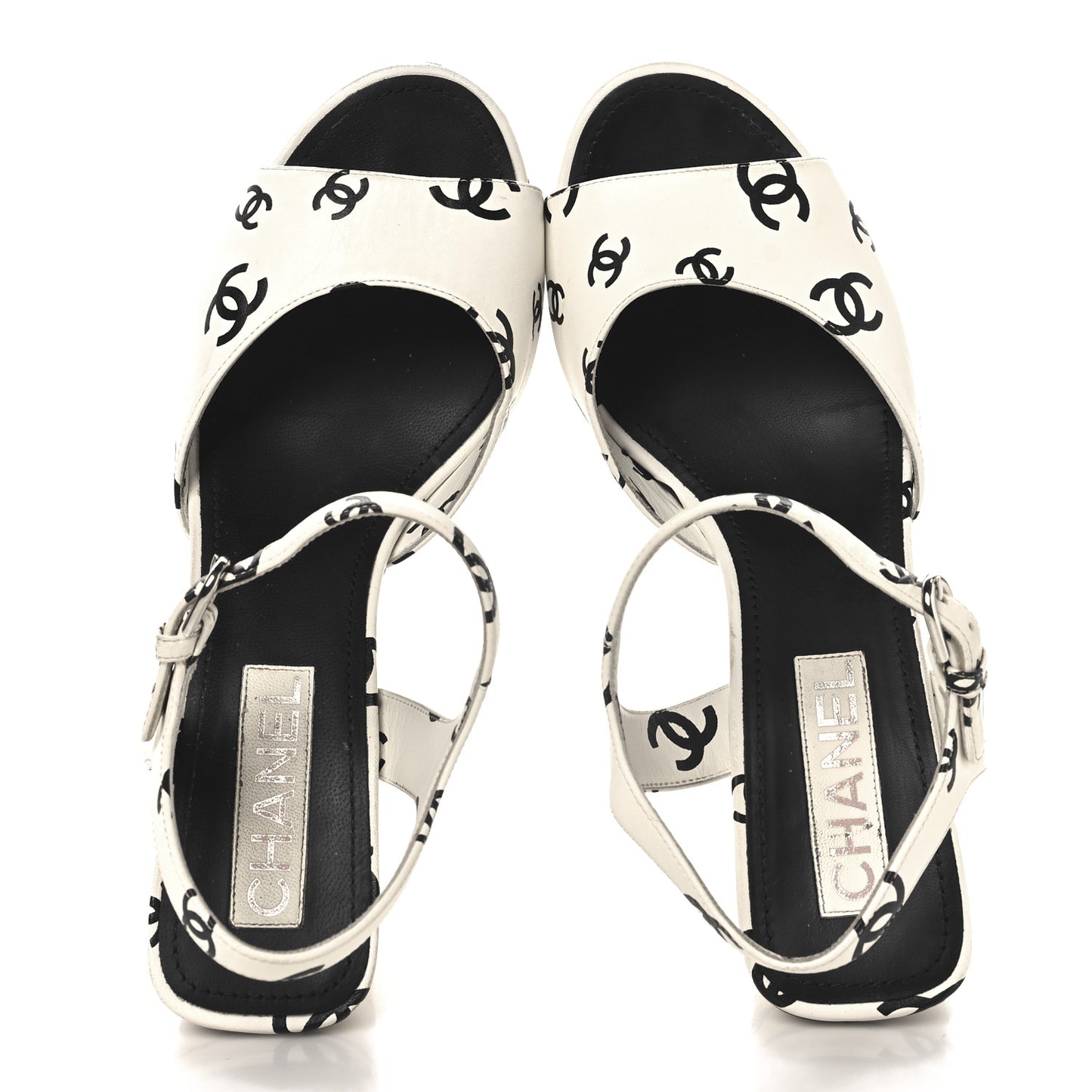 Printed Lambskin CC Platform Sandals 40.5 White Black