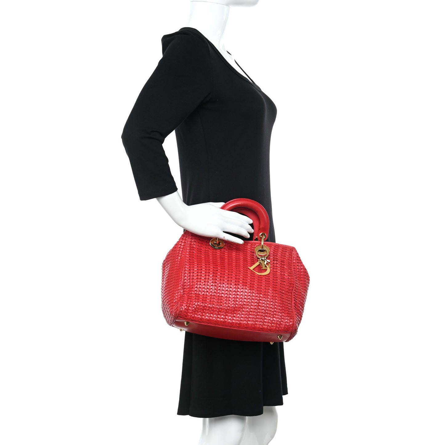 Lambskin Woven Medium Lady Dior Shopping Tote Red