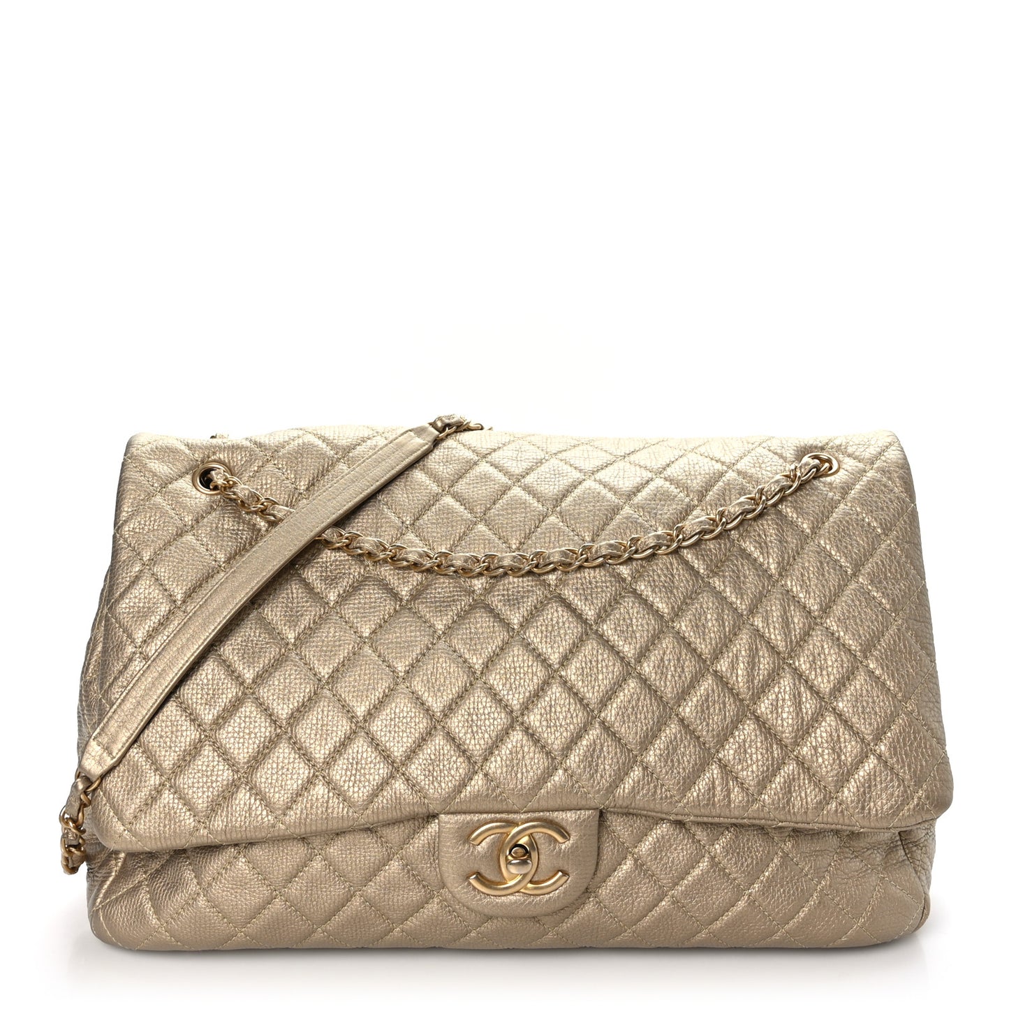 Metallic Calfskin Quilted Small XXL Travel Flap Bag Gold