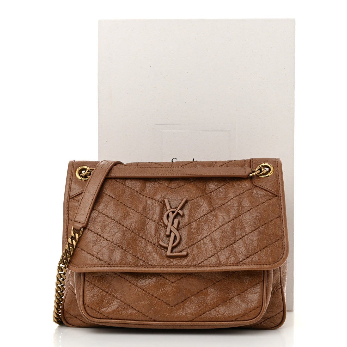 Crinkled Calfskin Matelasse Monogram Medium Niki Chain Satchel Caramel
