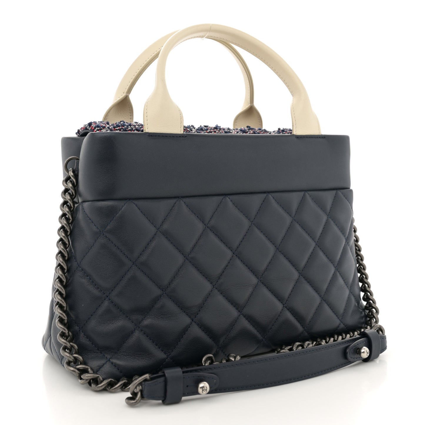 Calfskin Tweed Quilted Small Tote Navy Multicolor