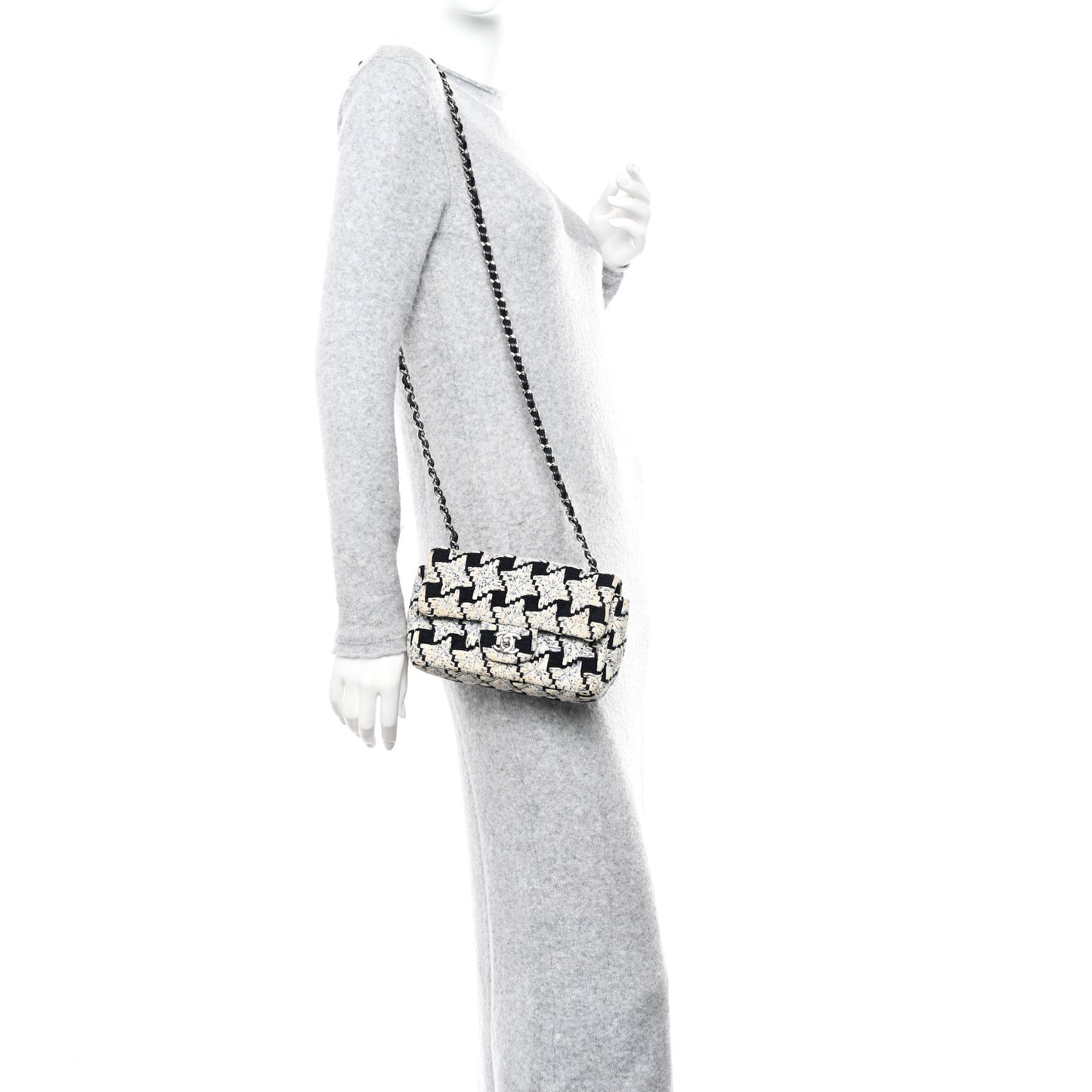 Tweed Quilted Mini Rectangular Flap Black Ecru White Blue