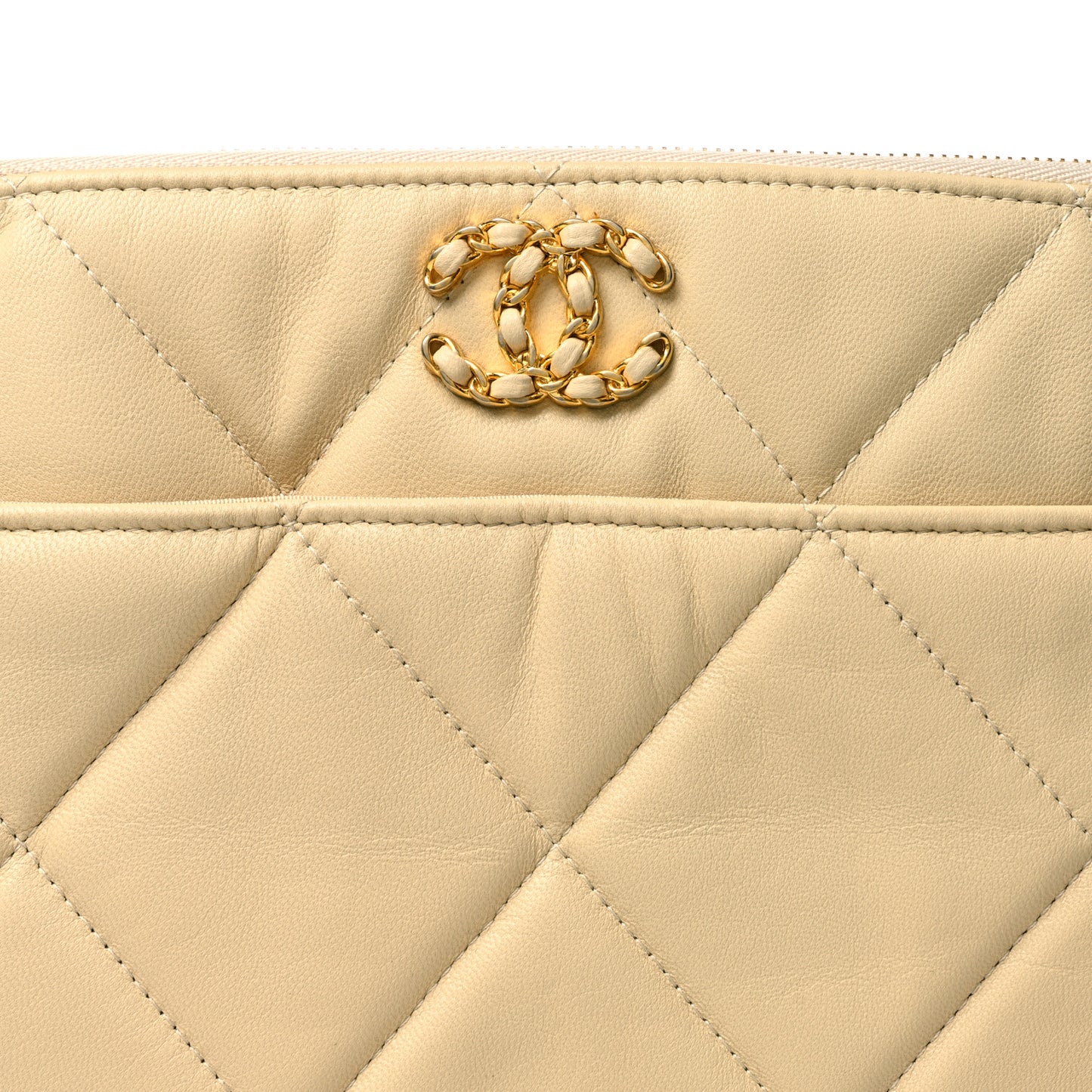 Shiny Goatskin Quilted Chanel 19 Pouch Beige