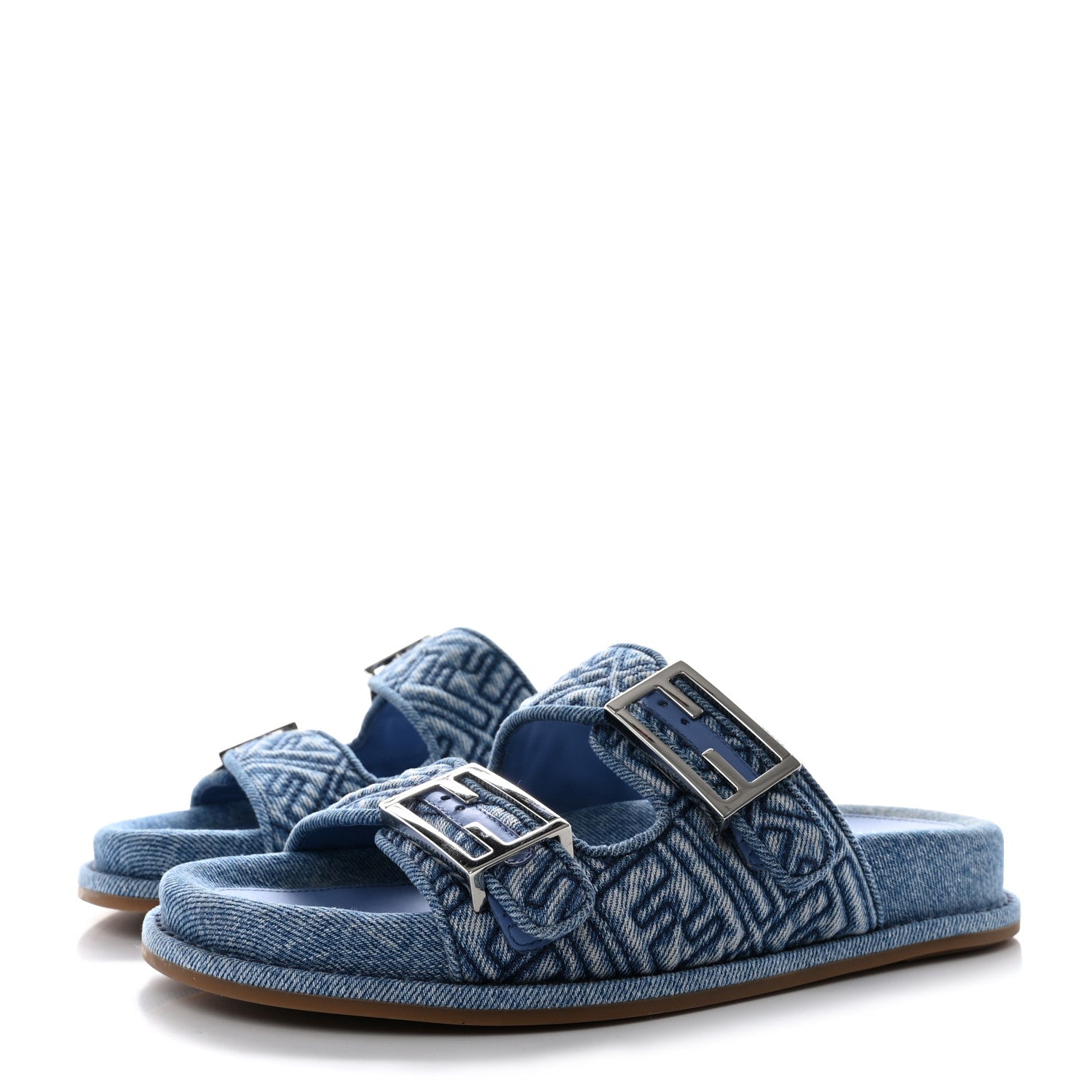 Fendi Denim Jacquard FF Womens Fendi Feel Buckled Slide Sandals 37 Blue 3 of 15