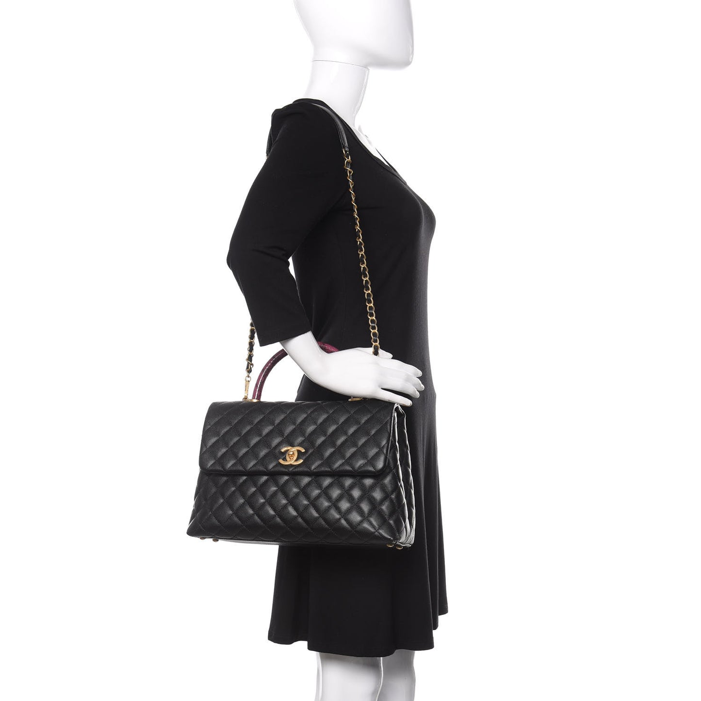 Caviar Elaphe Quilted Medium Coco Handle Flap Black Burgundy