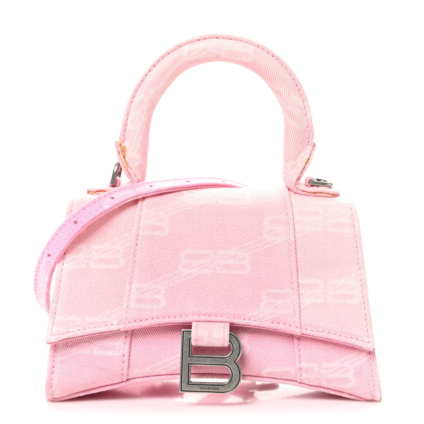 Washed Denim BB Monogram Hourglass Top Handle Bag XS Pink