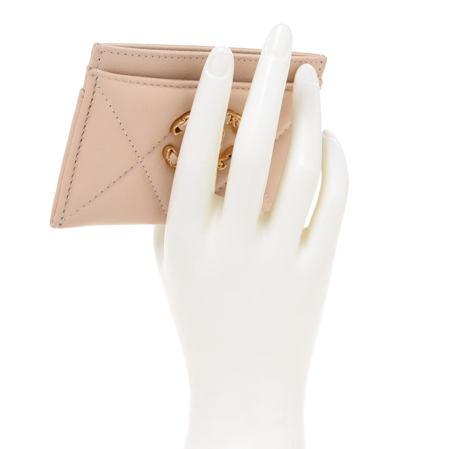 Shiny Goatskin Quilted Chanel 19 Card Holder Beige
