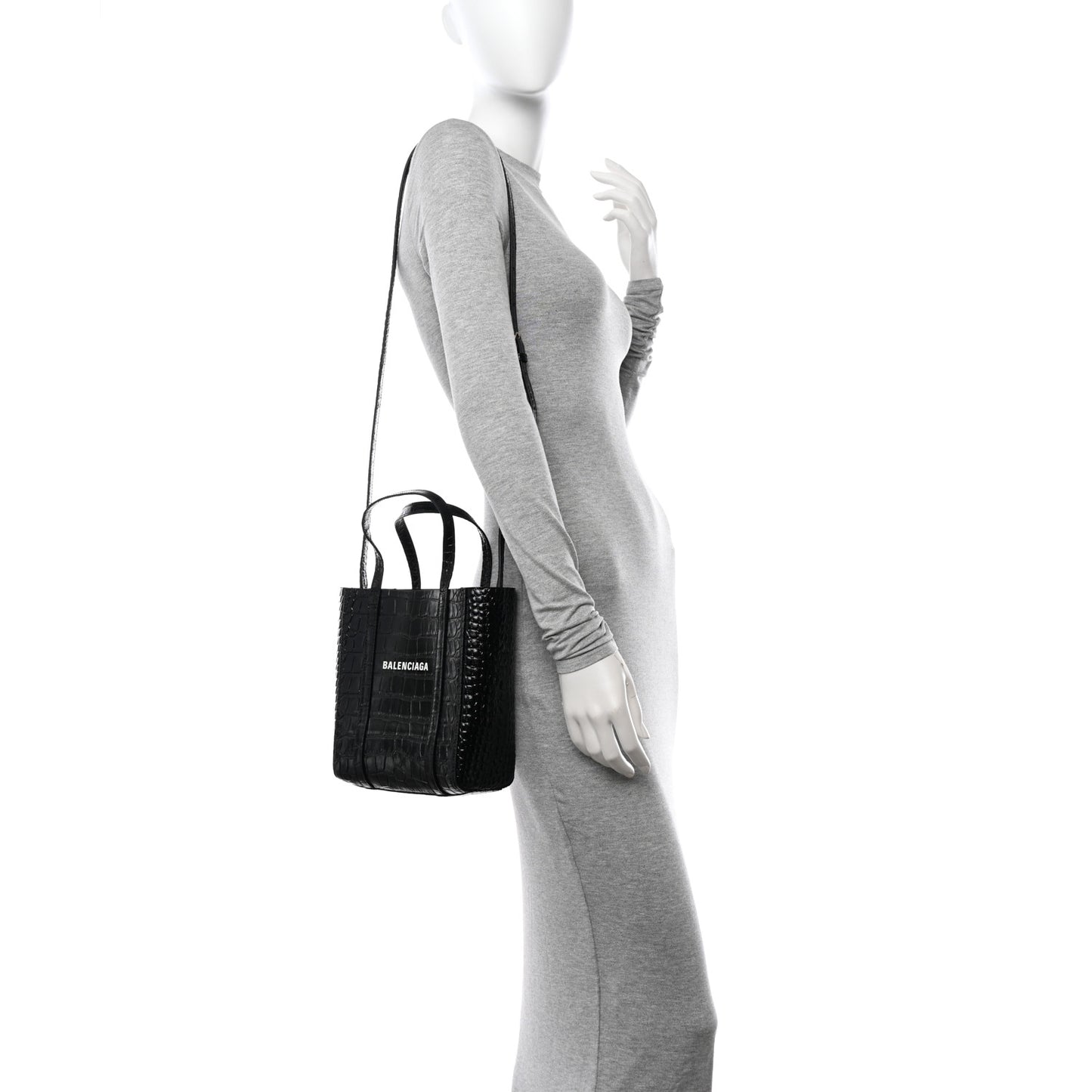 Shiny Calfskin Logo Crocodile Embossed XXS Everyday Tote Black