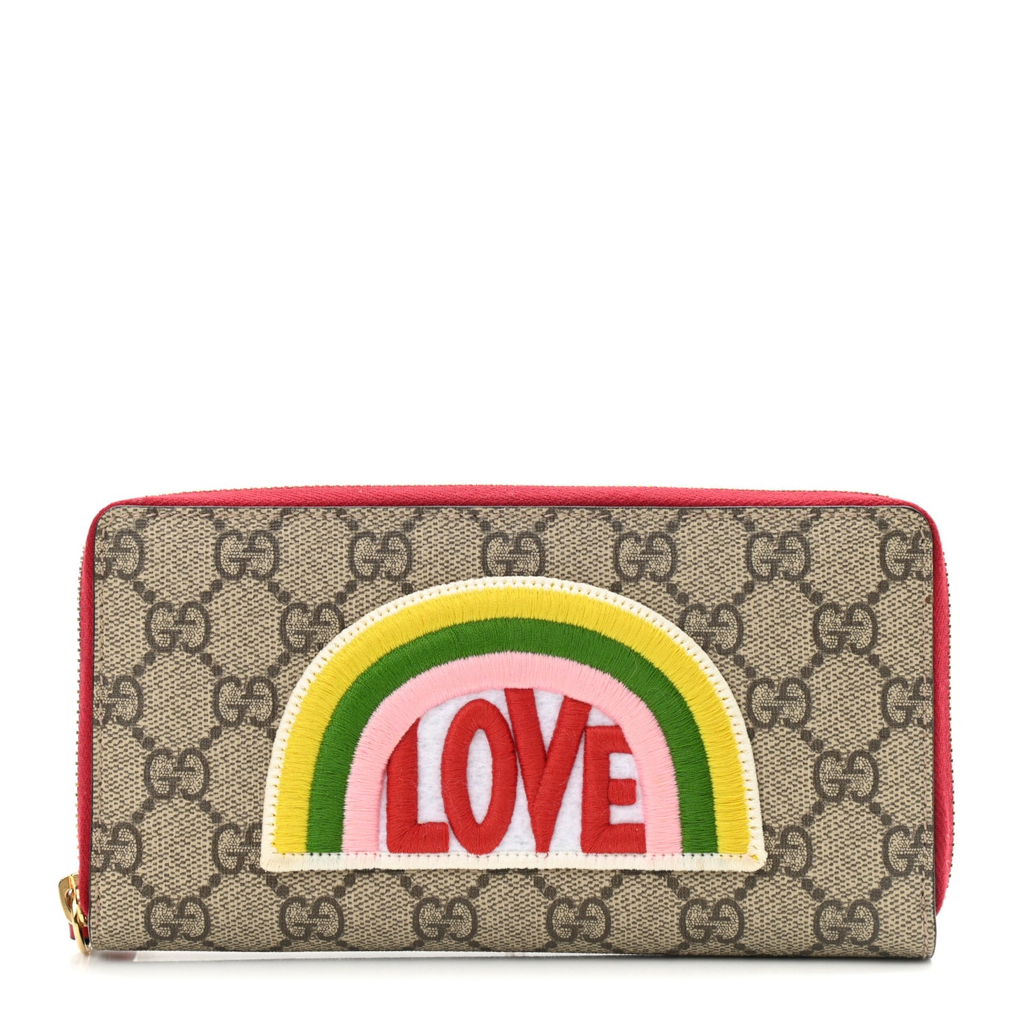 GG Supreme Monogram Embroidered Rainbow Zip Around Wallet Red