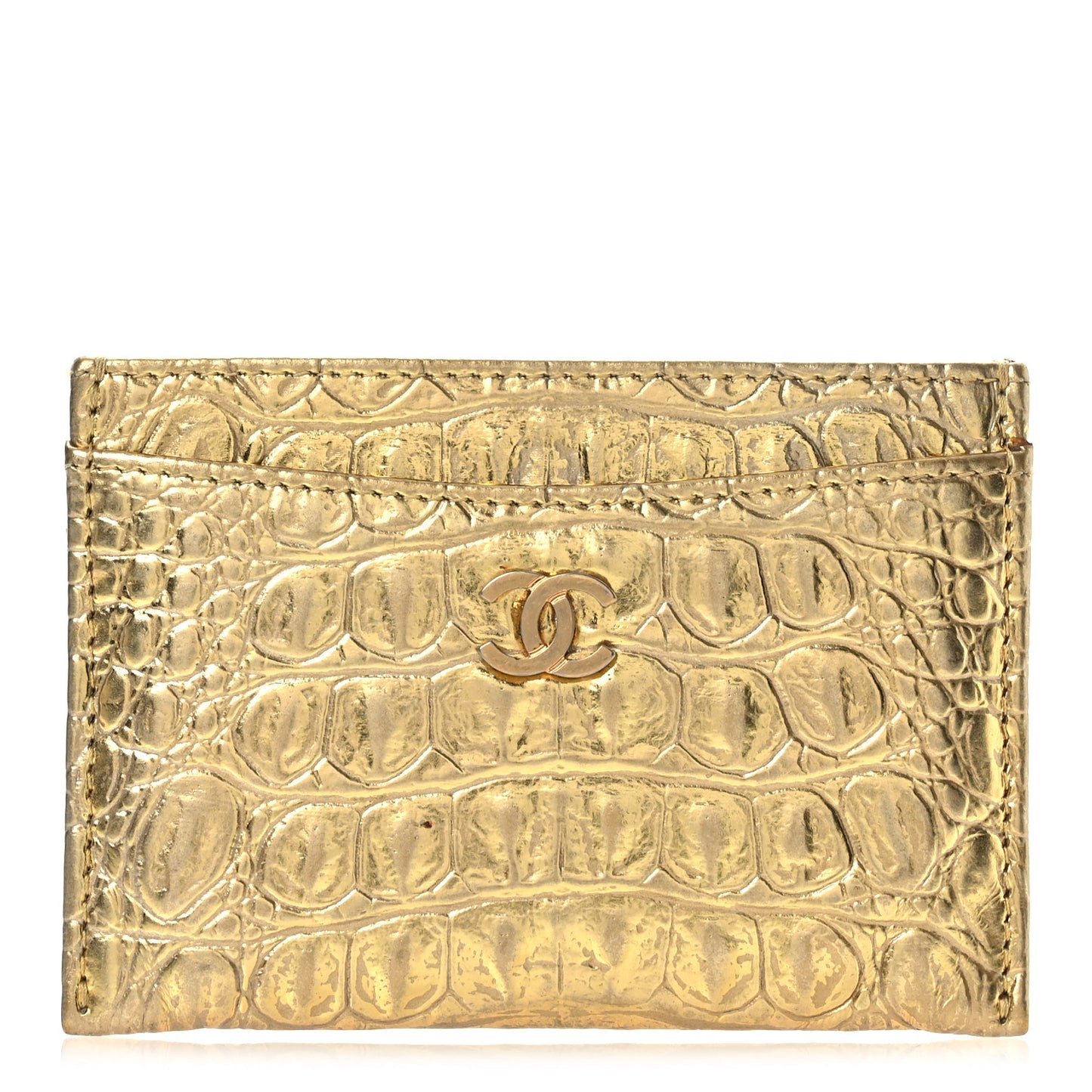 Metallic Calfskin Crocodile Embossed Cocodile Card Holder Gold
