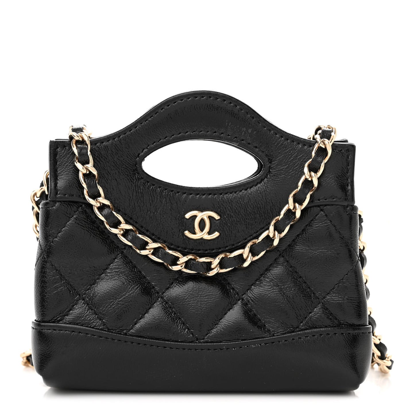 Shiny Lambskin Quilted Micro 31 Clutch With Chain Black
