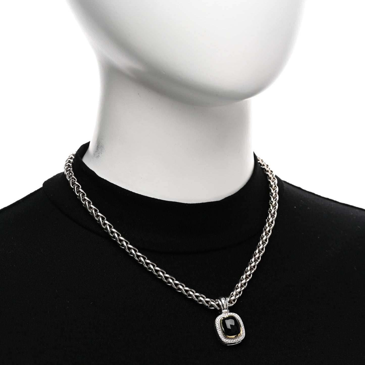 Sterling Silver 18K Yellow Gold Diamond Black Onyx 12mm Albion Enhancer Pendant Wheat Chain Necklace