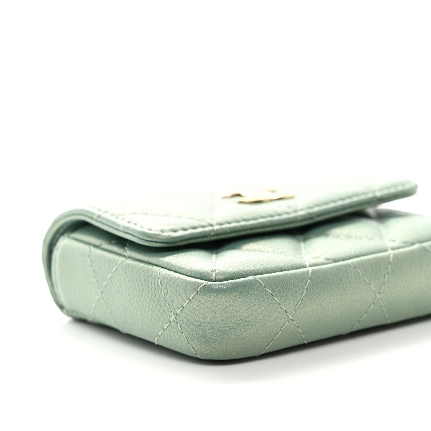 Iridescent Caviar Quilted Pearl On Top Coin Purse With Chain Light Green