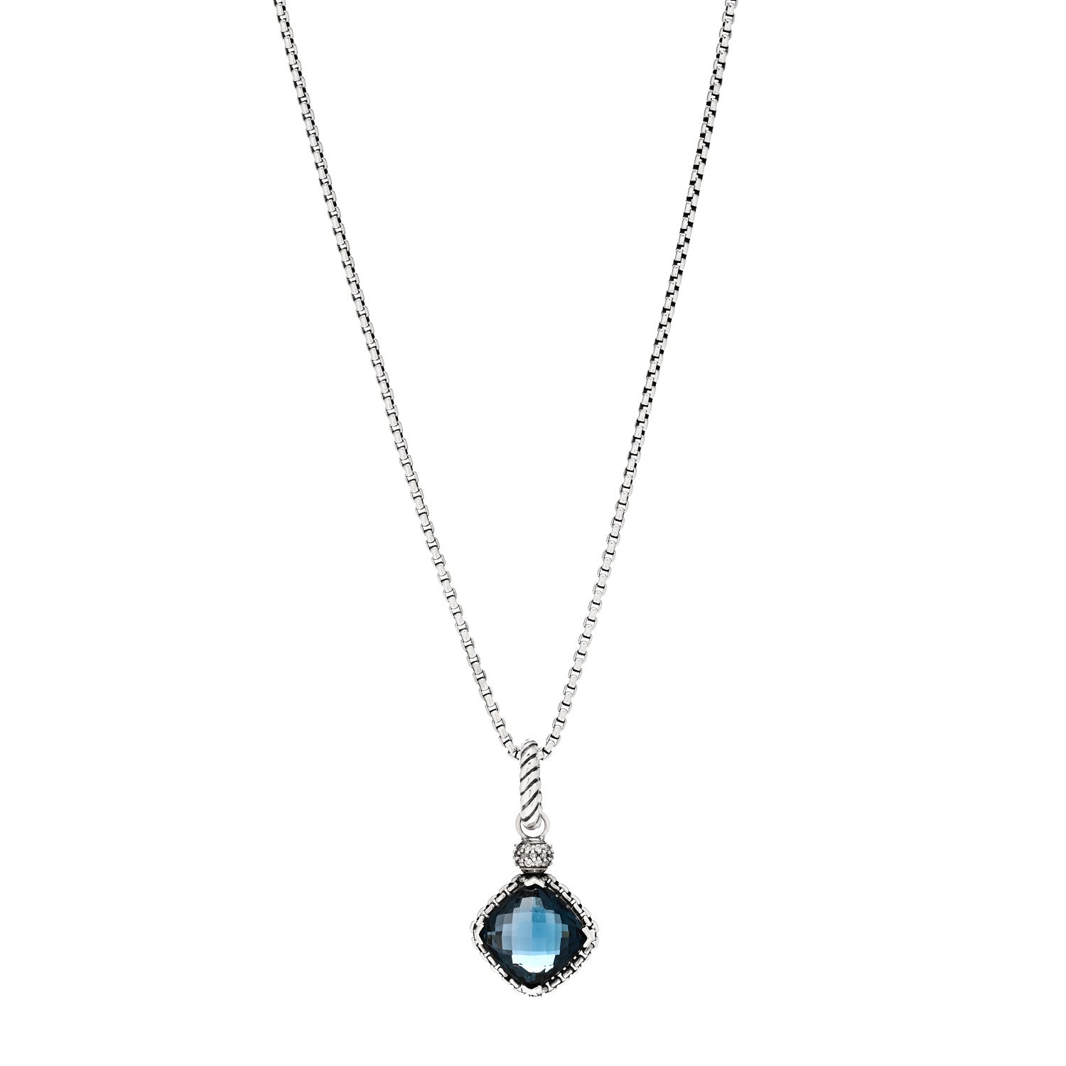 David Yurman Sterling Silver Diamond Hampton Blue Topaz 13mm Cushion on Point Pendant Necklace 1 of 4